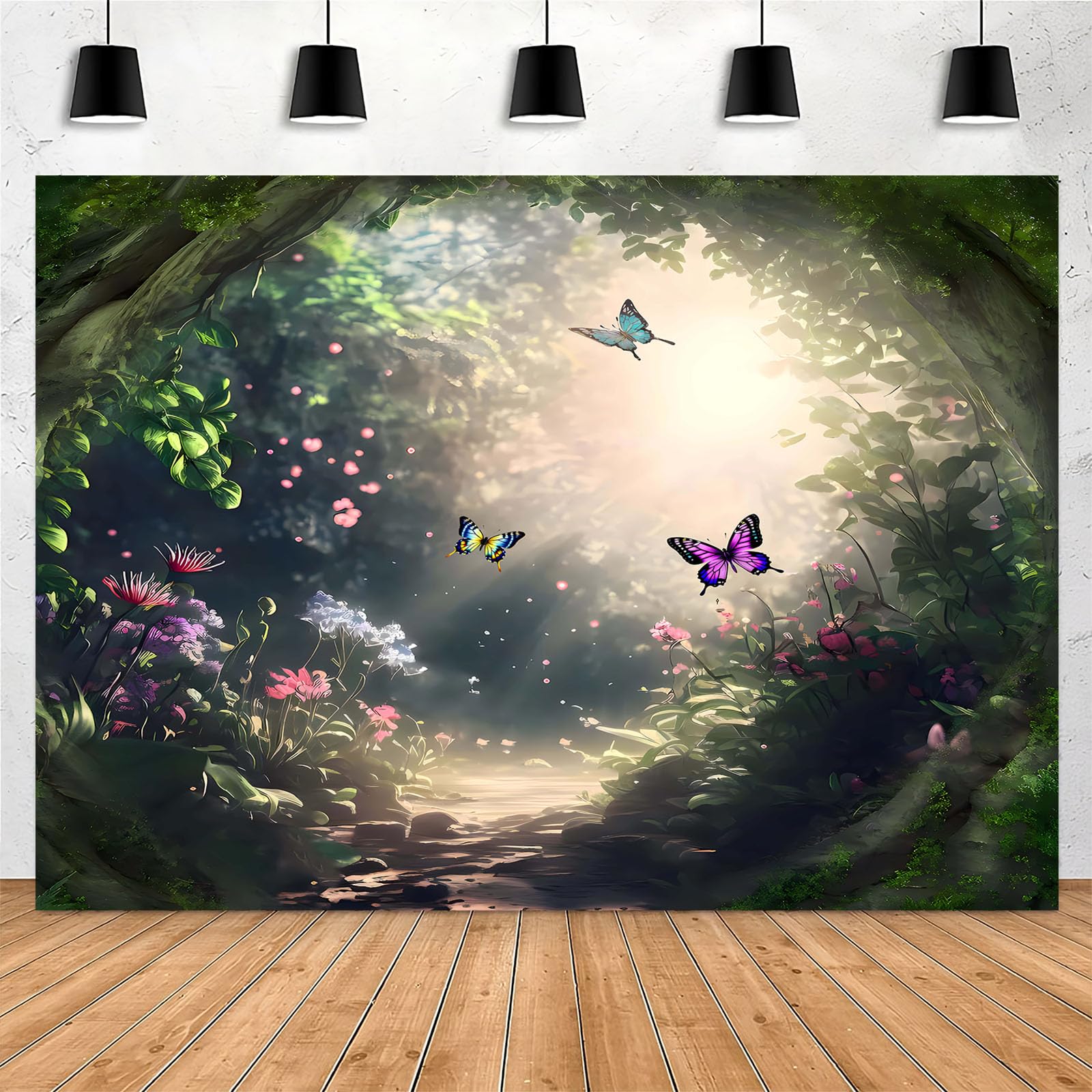 Yieldeer Forest Party Decoration 7X5Ft Enchanted Fairy Forest Backdrop Green Spring Sunshine Butterfly Flower Princess Magic Pho