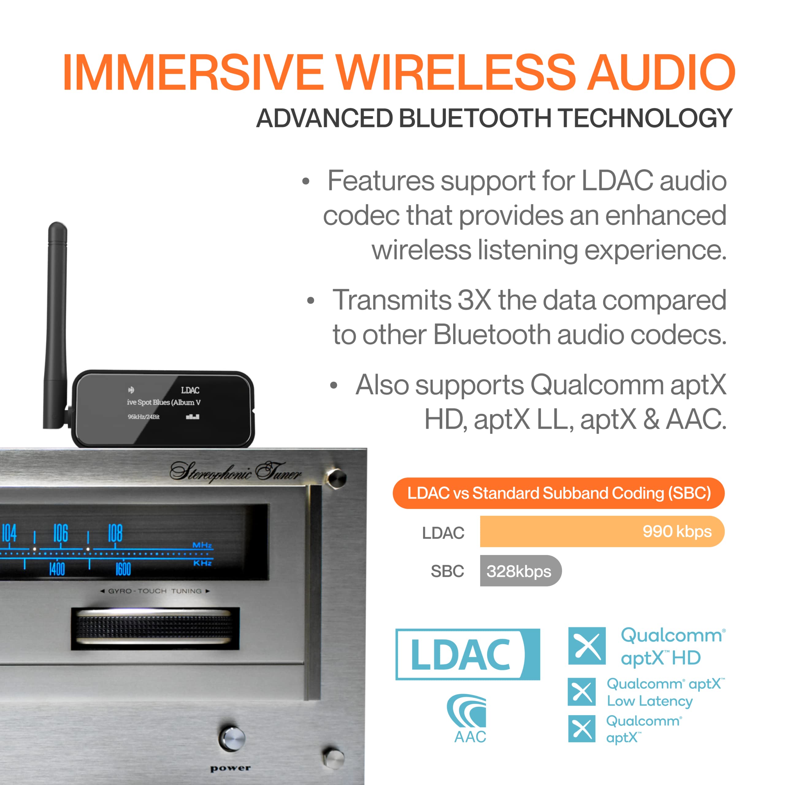 Auris Blume Pro Hifi Bluetooth 5.0 Music Receiver Long Range Bluetooth Adapter With Audiophile Dac, Ldac, Aptx Hd, Oled Display & Optical Coaxial Aux Output For Home Stereo, Av Receiver Or Amplifier