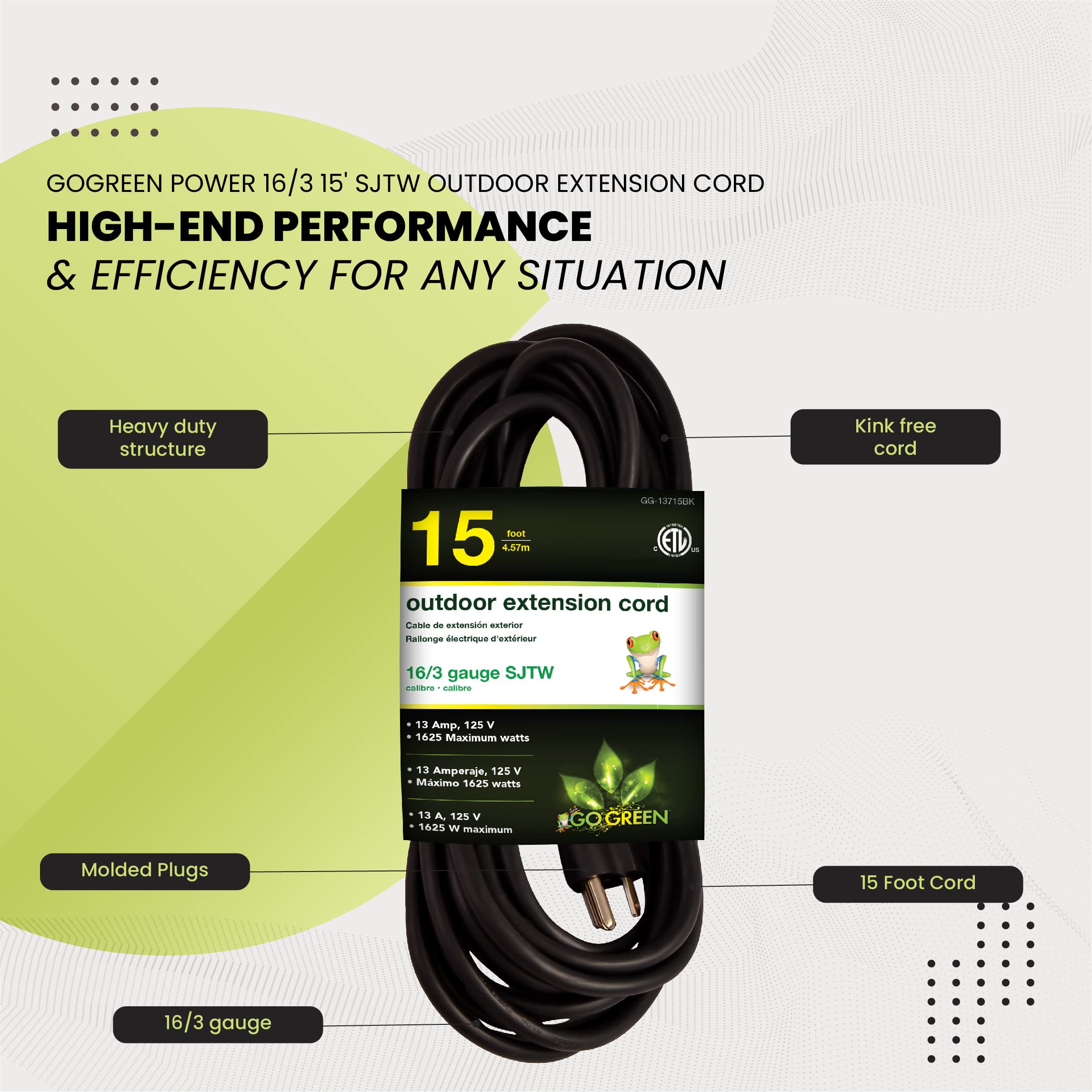 Go Green Power Inc. (Gg 13715Bk) 16/3 Sjtw Outdoor Extension Cord, Black, 15 Ft