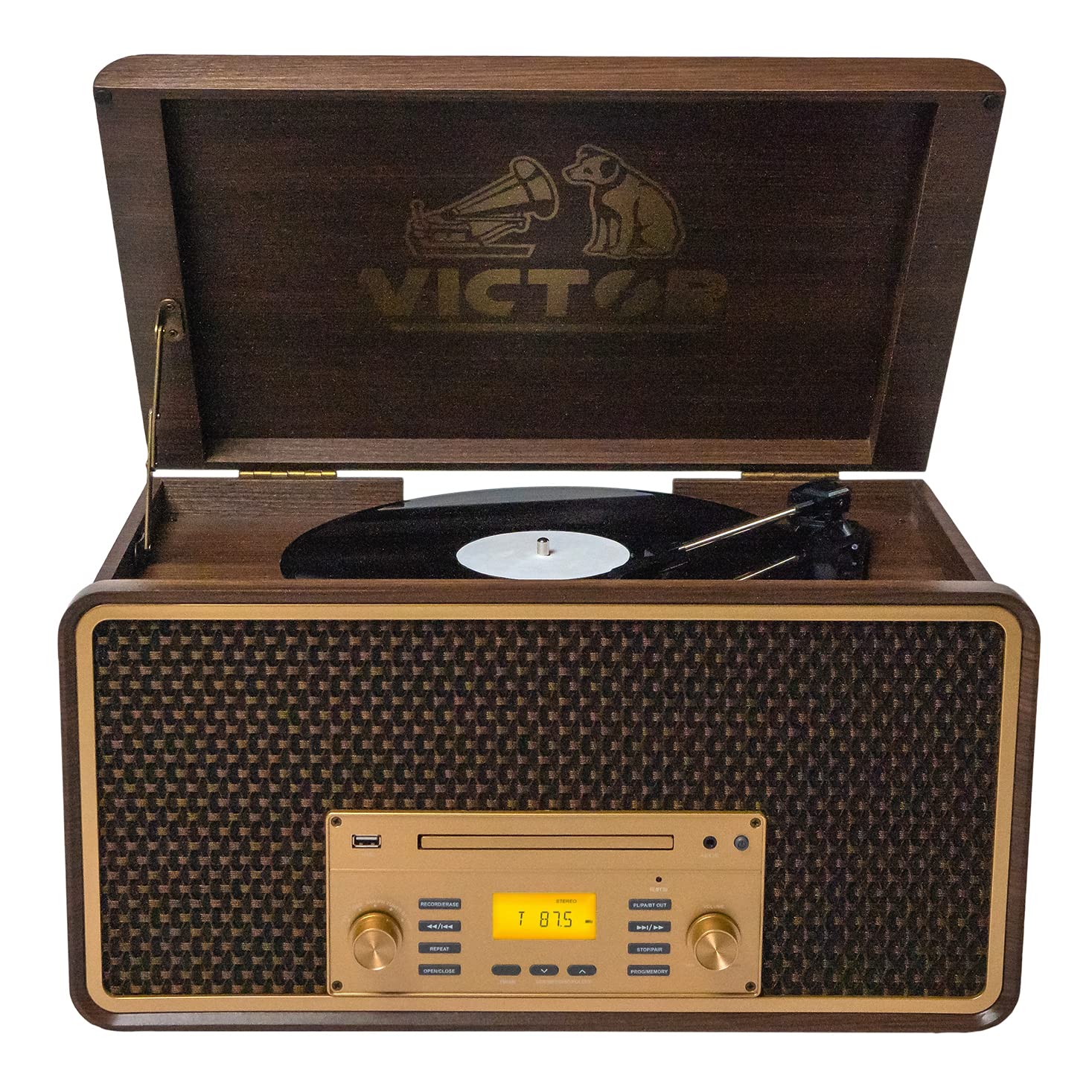 Victor VWRP-5000 Monument 8-in-1 Bluetooth Turntable with 3-Speed Vinyl Record Player, Cassette, CD Player, AM/FM Radio, USB, Au