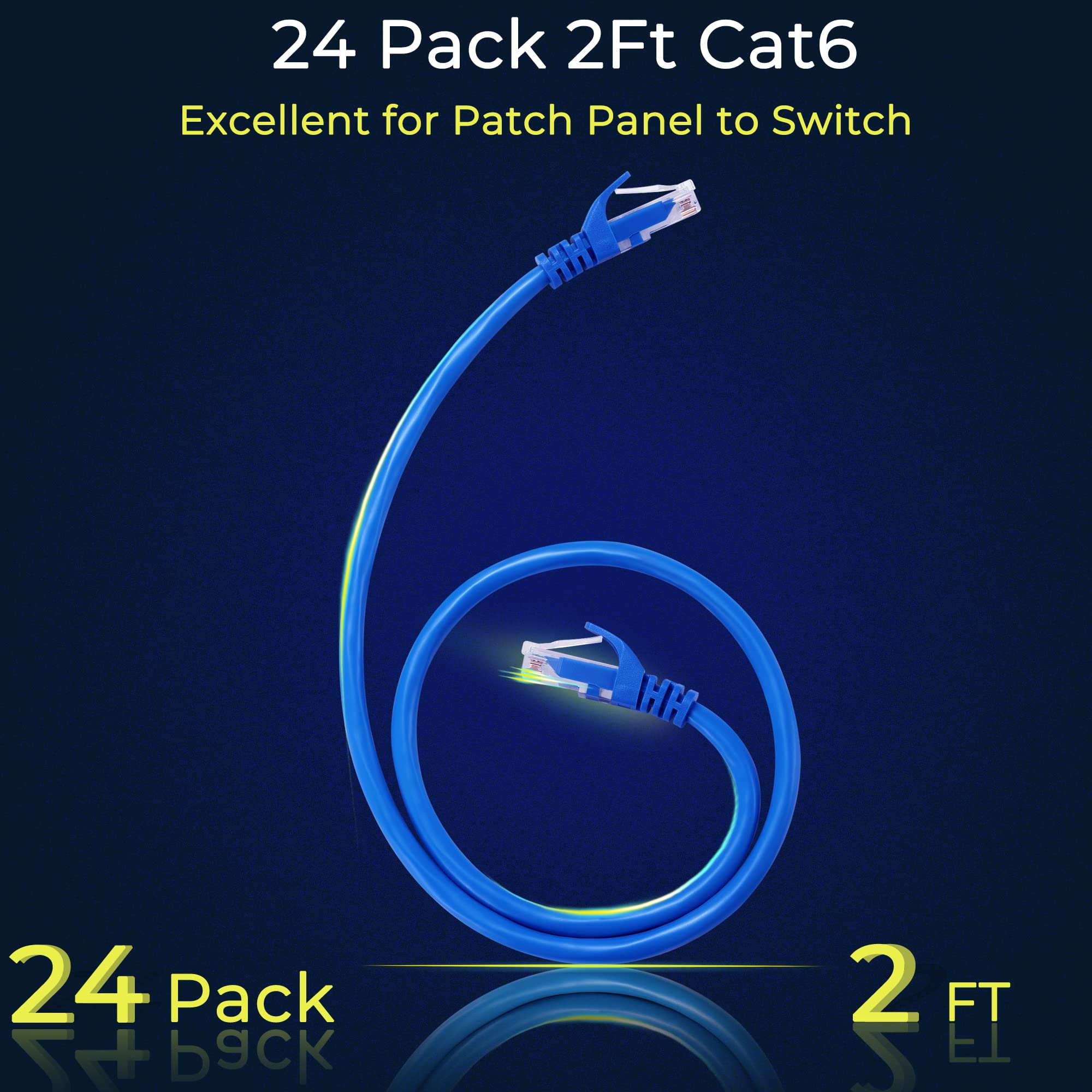 Rapink Patch Cables Cat6 2Ft (24 Pack), Ethernet Patch Cable 10G, Cat 6 Patch Cable For Patch Panel To Switch, Flexiable Cat 6 Ethernet Cable With Gold Plated Blue