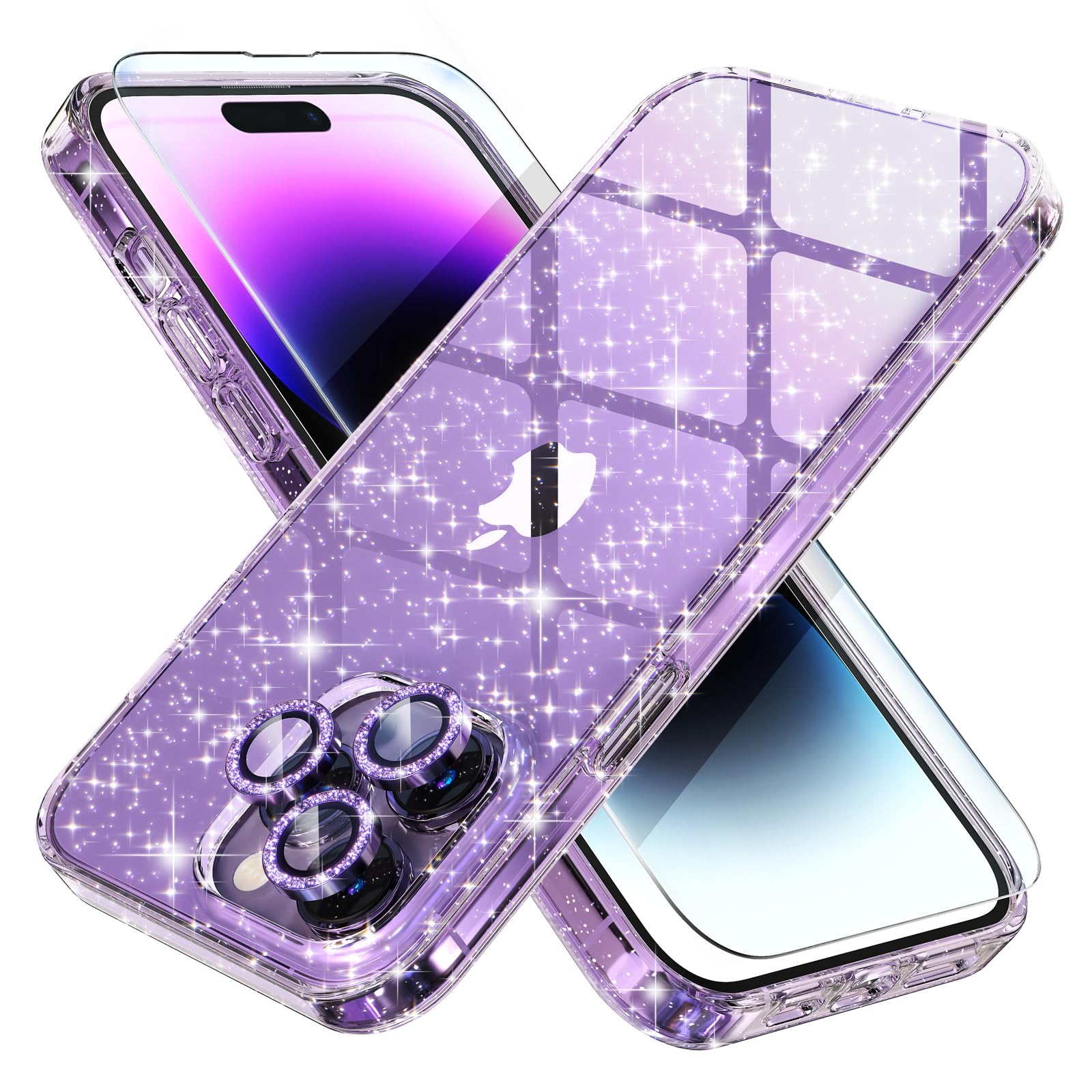 Choiche Compatible For Iphone 14 Pro Max Case Cute, Women Clear Glitter Bling Sparkly Case, [3 X Diamond Camera Lens Protectors]
