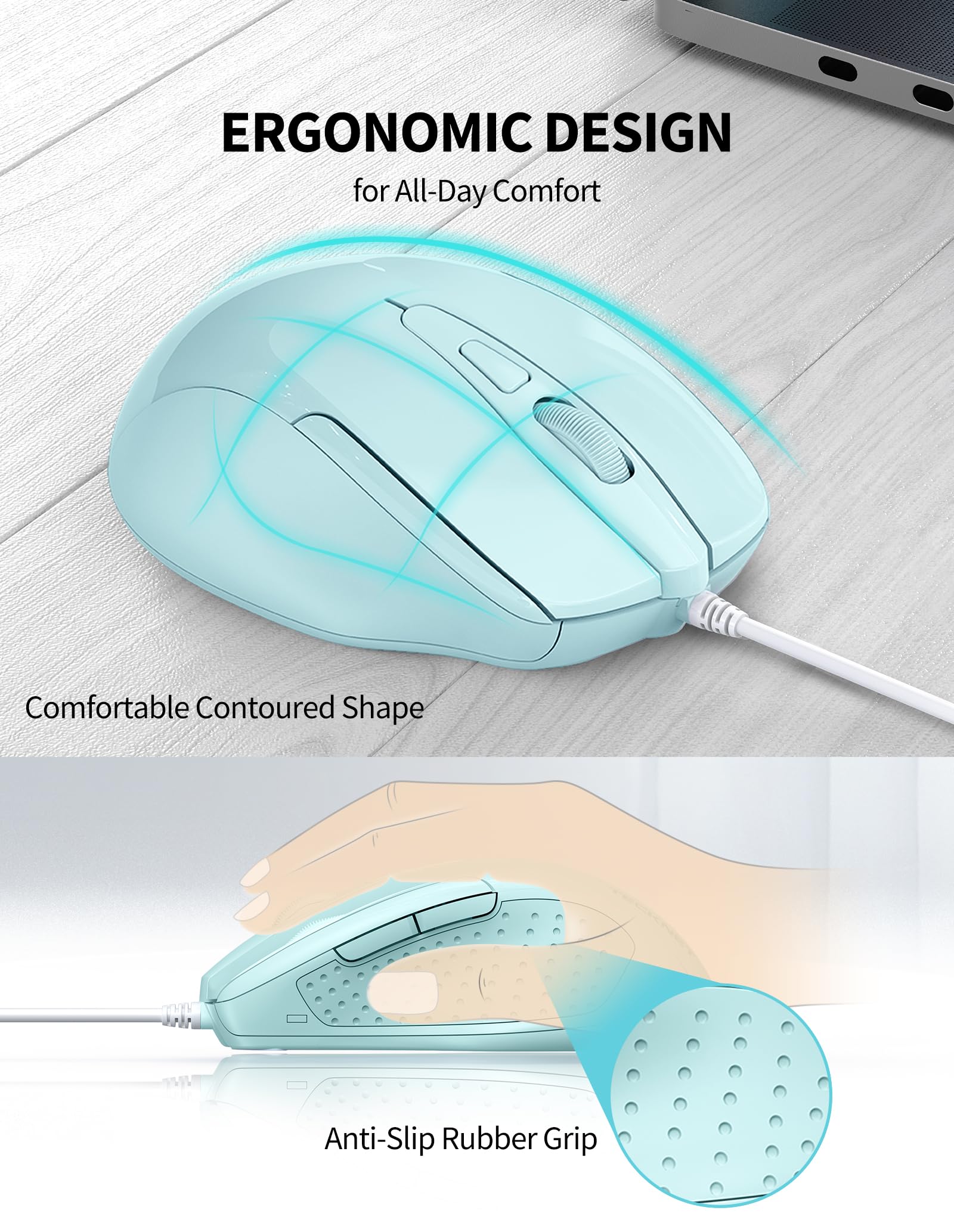 Tecknet Usb Wired Mouse, 6 Button Corded Mouse With 4 Adjustable Dpi, Optical Computer Mouse With Ergonomic Design And 5Ft Cord For Laptop, Chromebook, Pc, Desktop, Mac, Notebook   Lt.Green