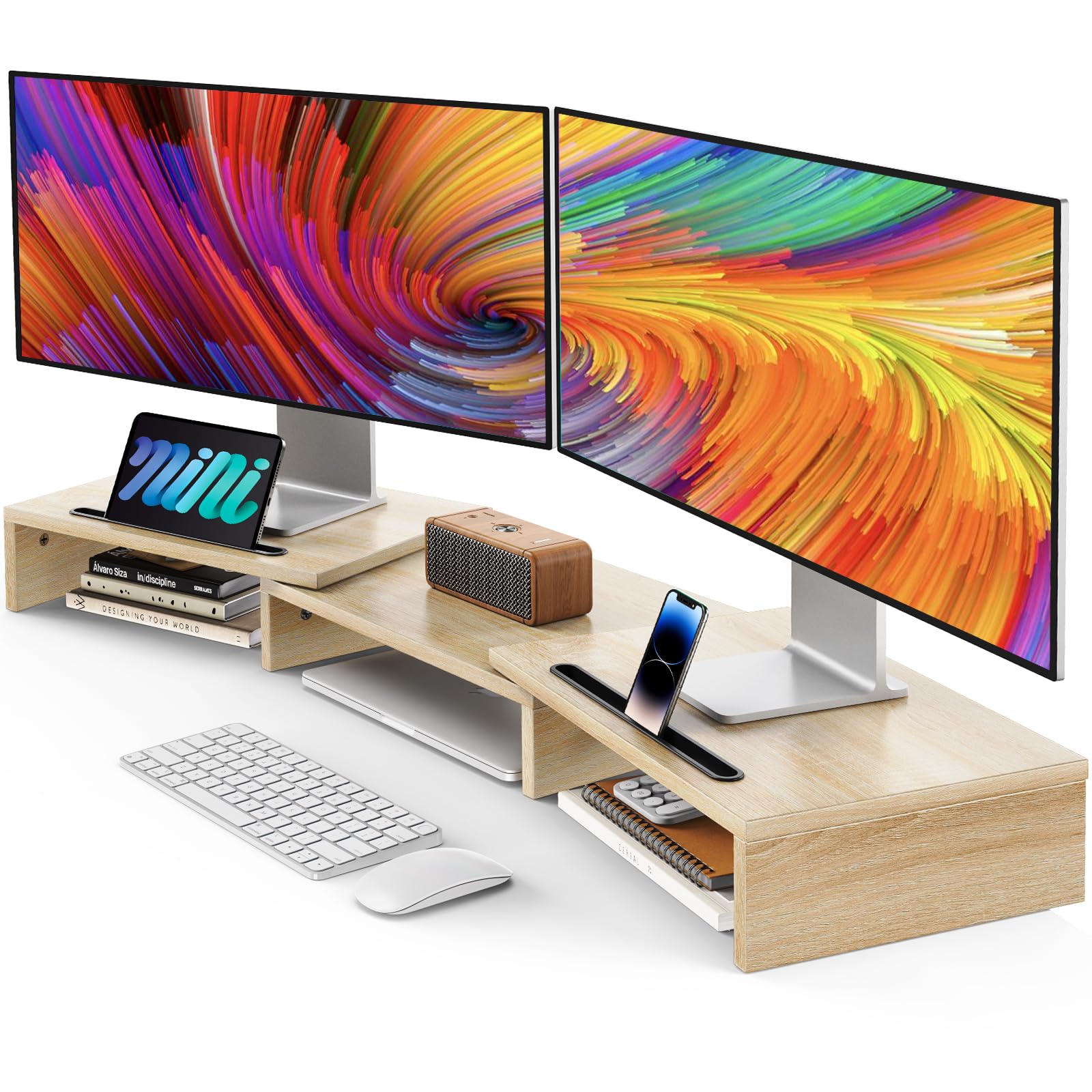 Ameriergo Dual Monitor Stand Riser  3 Shelf Screen Stand With Adjustable Length And Angle, 2 Extra Functional Slot Desktop Organ