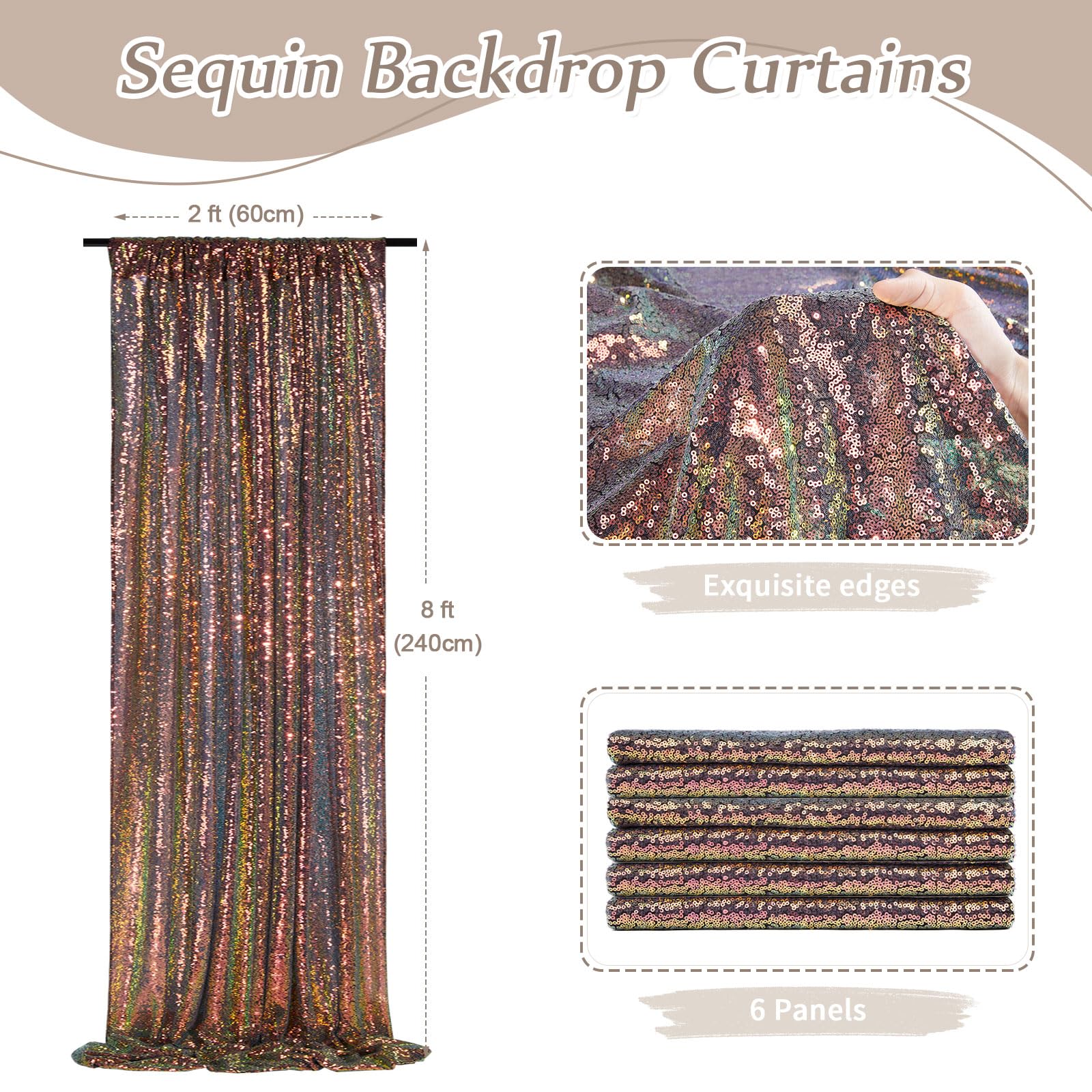 Soardream Black Gold Sequin Backdrop 6 Pcs 2Ftx8Ft Sparkly Glitter Birthday Party Cake Table Background Draping Fabric