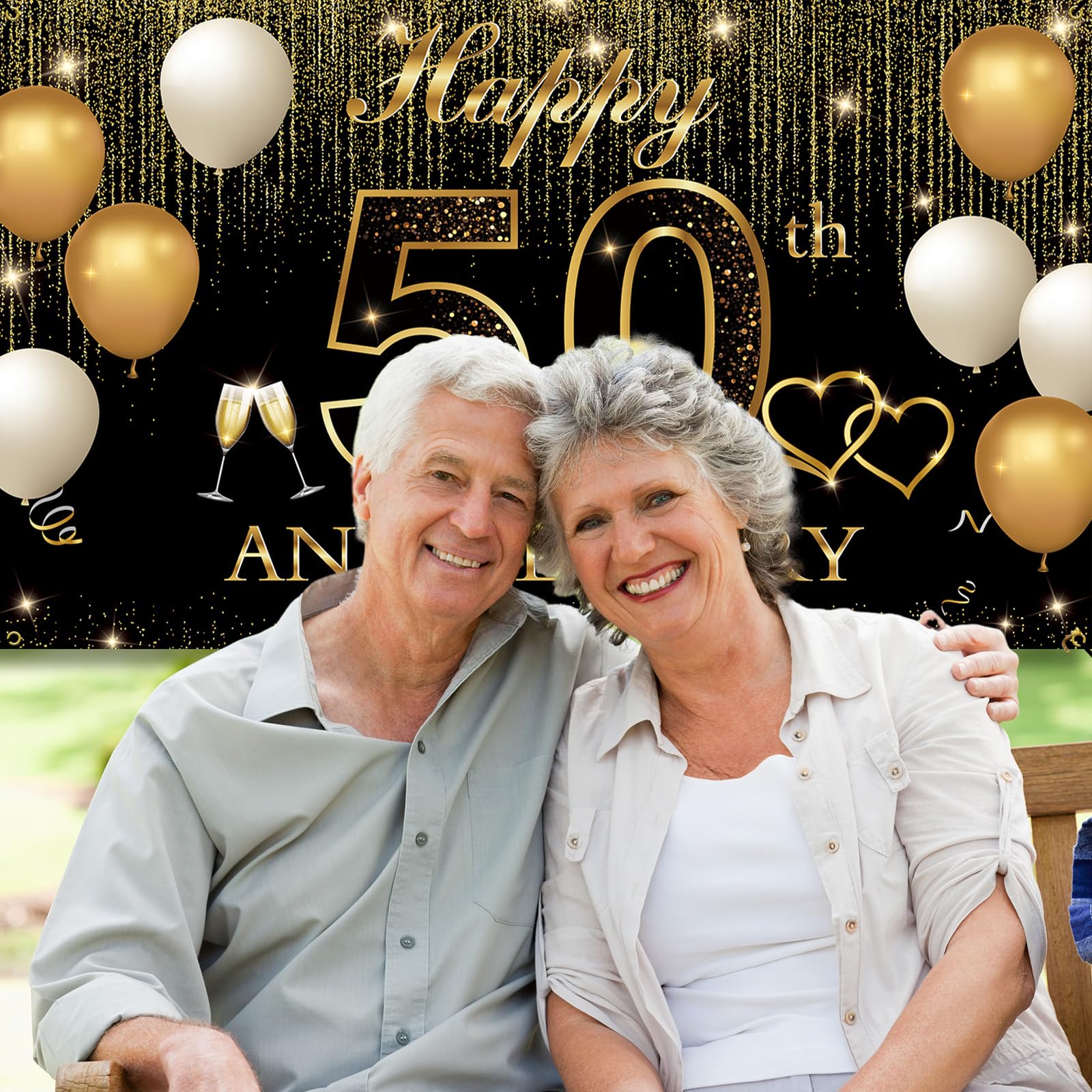 Htdzzi Golden 50Th Wedding Anniversary Decorations, Happy 50Th Anniversary Banner Backdrop, 50 Year Wedding Anniversary Party De