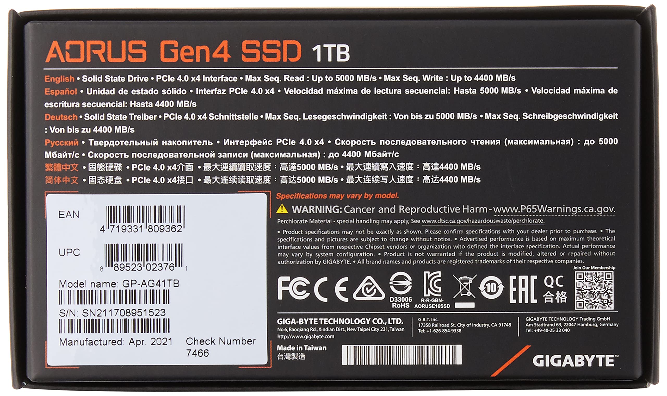 Gigabyte Aorus Nvme Gen4 M.2 1Tb Pci Express 4.0 Interface High Performance Gaming, 3D Tlc Nand, External Ddr Cache Buffer, Ssd