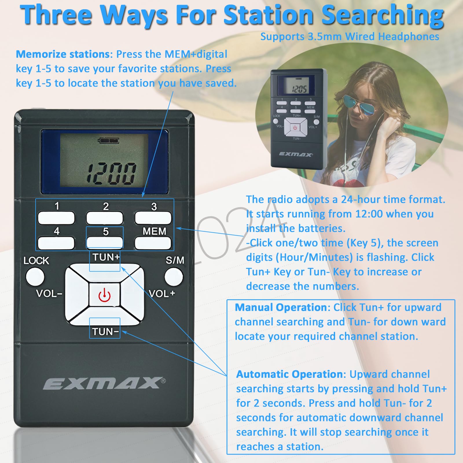 Exmax E108 Wireless Stereo Fm Radio Receiver - Portable Pocket Mini With Earbuds, Lcd Clock For Translator Tour Guide System, Jo