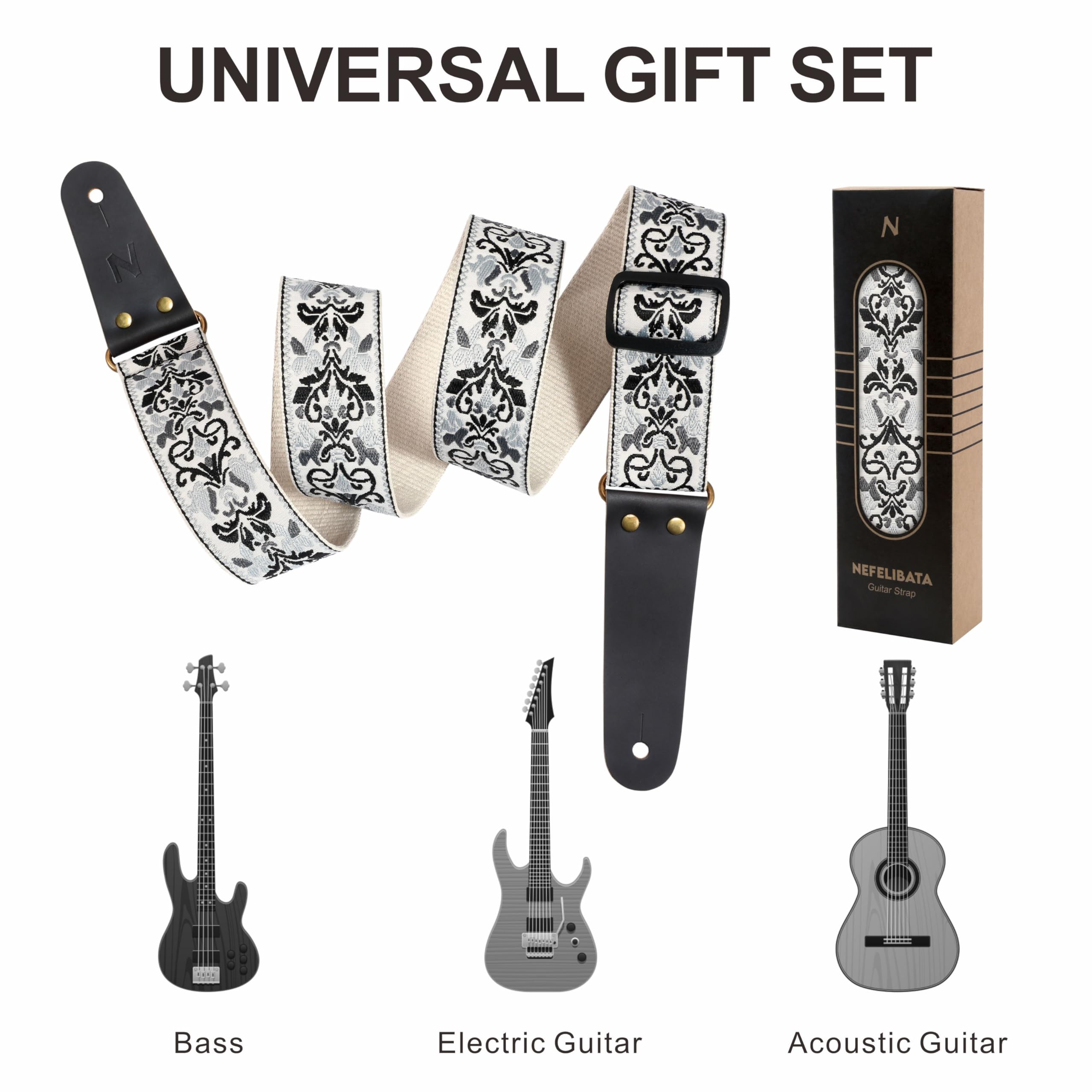Nefelibata Guitar Strap, Embroidered Cotton Guitar Straps With Head Cowhide Leather Ends For Bass, Electric & Acoustic Guitar, W