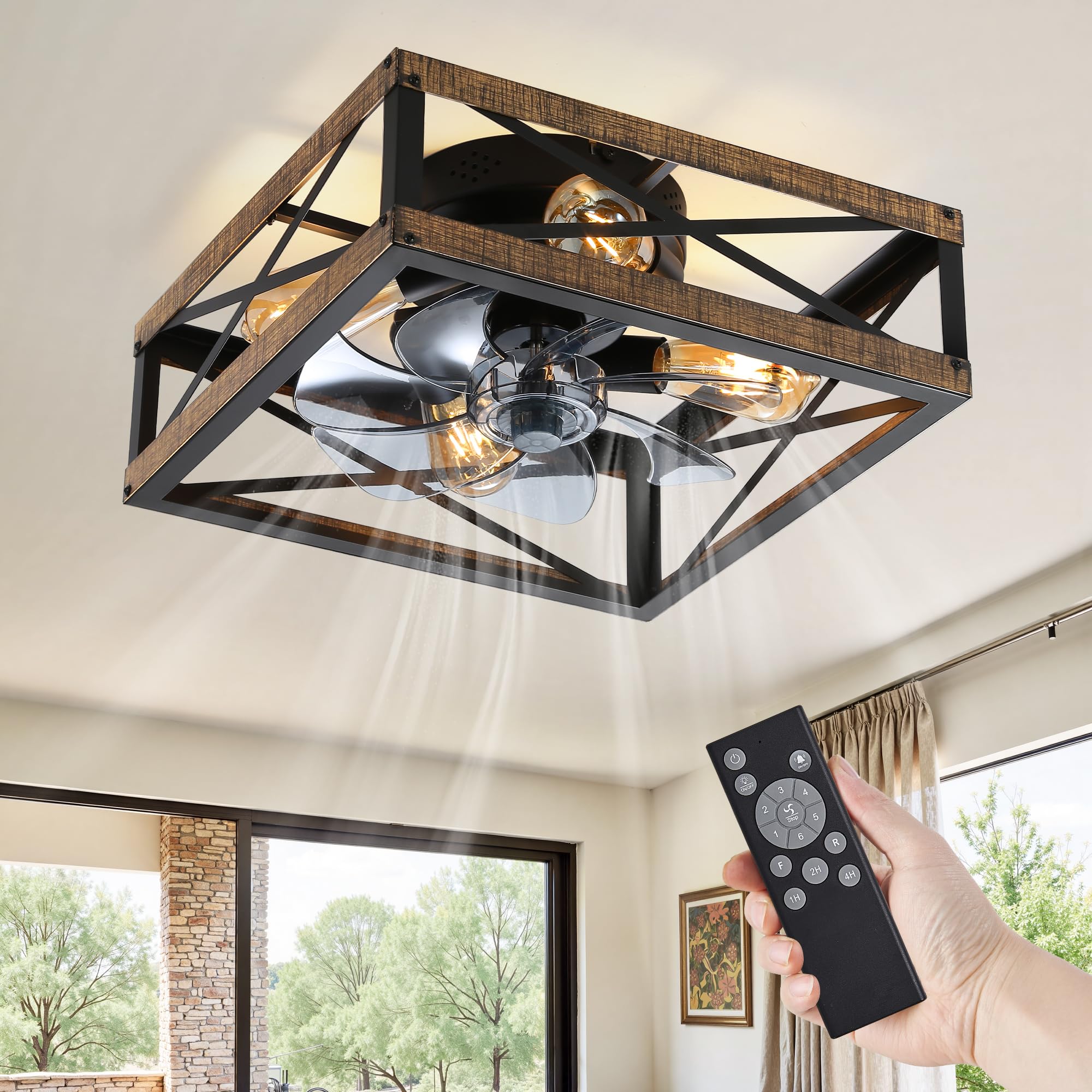 LEDIARY Caged Low Profile Ceiling Fans with Lights and Remote, Brushed Nickel Square Flush Mount Ceiling Fan, 6 Speed and Revers