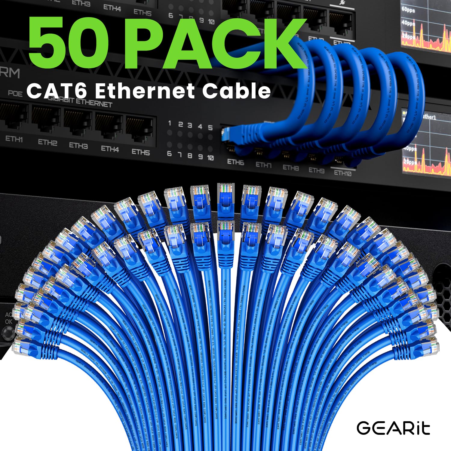 Gearit Cat 6 Ethernet Cable 3 Ft (50 Pack)   Cat6 Patch Cable, Cat 6 Patch Cable, Cat6 Cable, Cat 6 Cable, Cat6 Ethernet Cable,