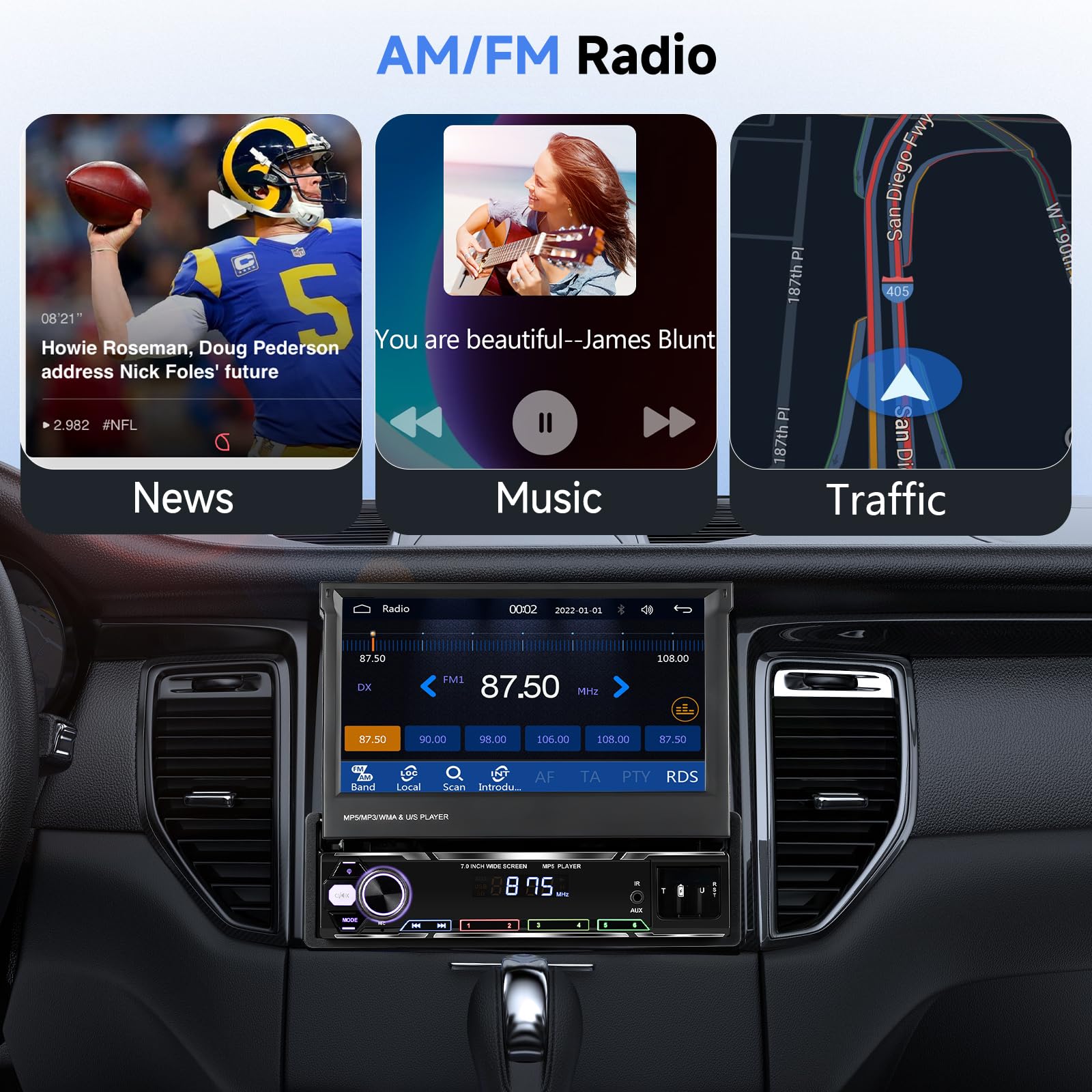 Podofo Single Din Car Stereo 7 Inch Flip Out Touchscreen Compatible With Apple Carplay & Android Auto Mirror Link Car Audio Receiver Bluetooth Backup Camera Swc Fm Radio Usb/Tf/Aux Port Head Unit