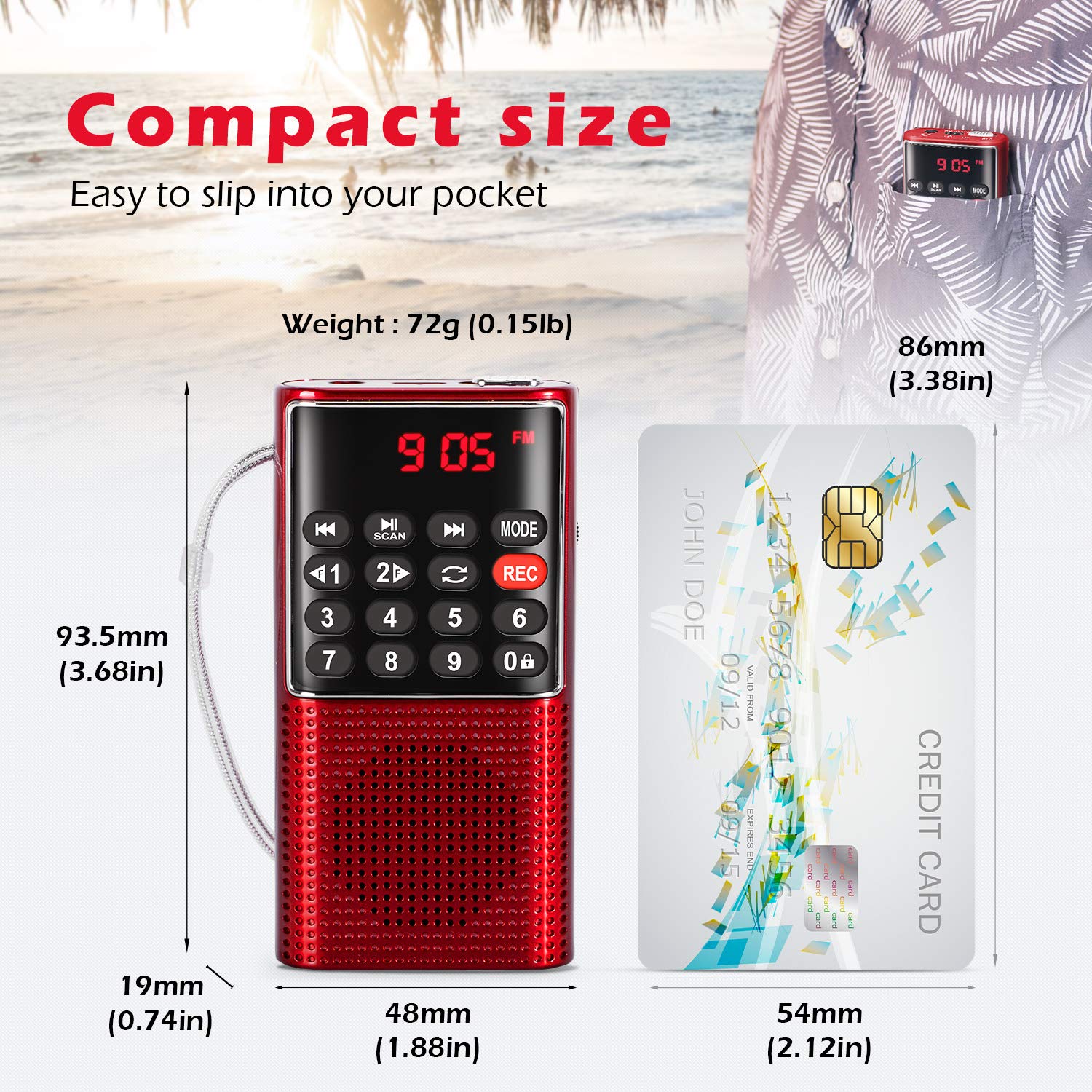 Prunus J 328 Mini Portable Pocket Fm Radio Mp3 Walkman Radio With Recorder, Lock Key, Sd Card Player, Rechargeable Battery Operated(No Am) Red