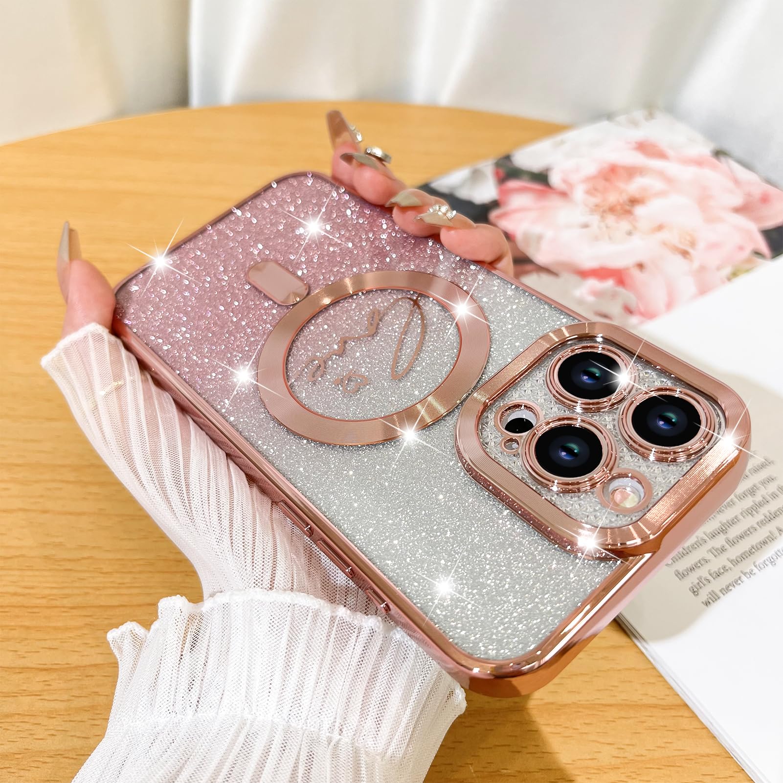 Fiyart Designed For Iphone 15 Pro Max Case,Compatible With Magsafe Love Heart Plating Camera Protection Clear Phone Case, Magnet