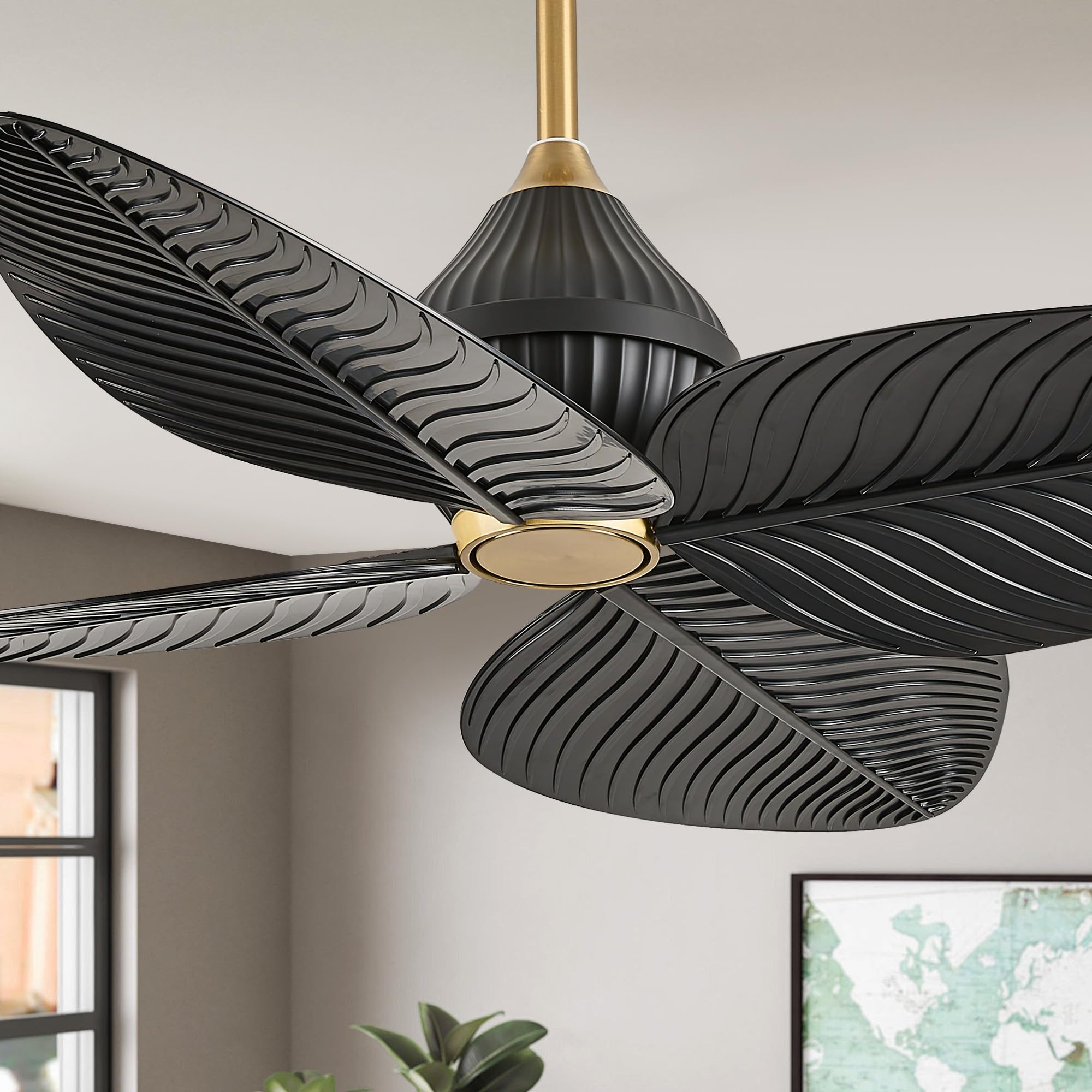 LVYEAYOU 52 inch Ceiling Fan Without Lights, Remote & APP Control, 6 Speed DC Motor, 4 Palm Leaf Blades, Tropical Ceiling Fans f