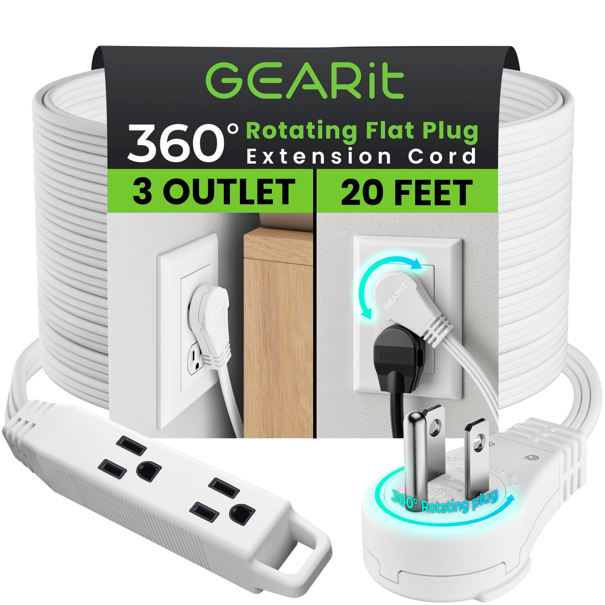 Gearit 360 Rotating Flat Plug Extension Cord (20Ft, White) Multi 3 Outlet Extension 16 Awg Wire, Adapter For Small Spaces, Right