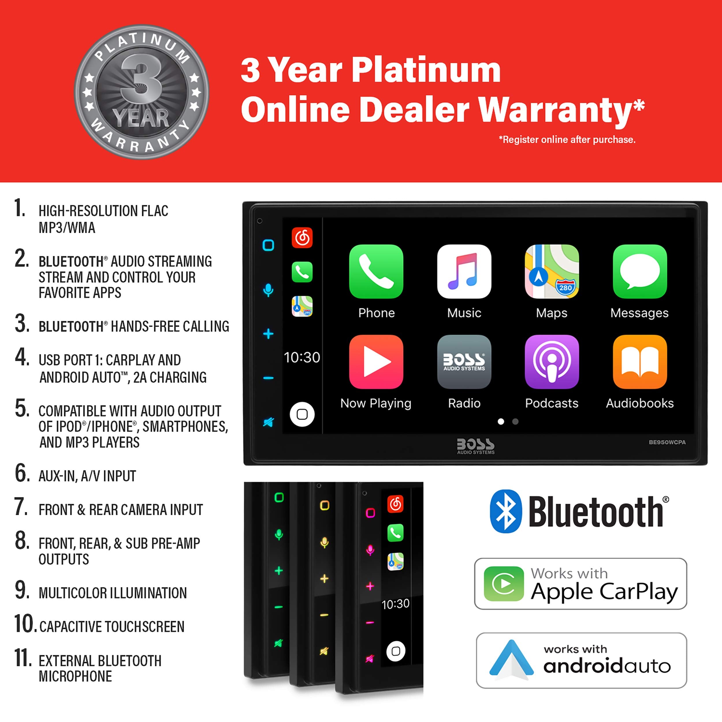 Boss Audio Systems Bvcp9850W Car Stereo   Wireless Apple Carplay & Android Auto, Double Din, 6.75 Inch Touchscreen, Bluetooth, N