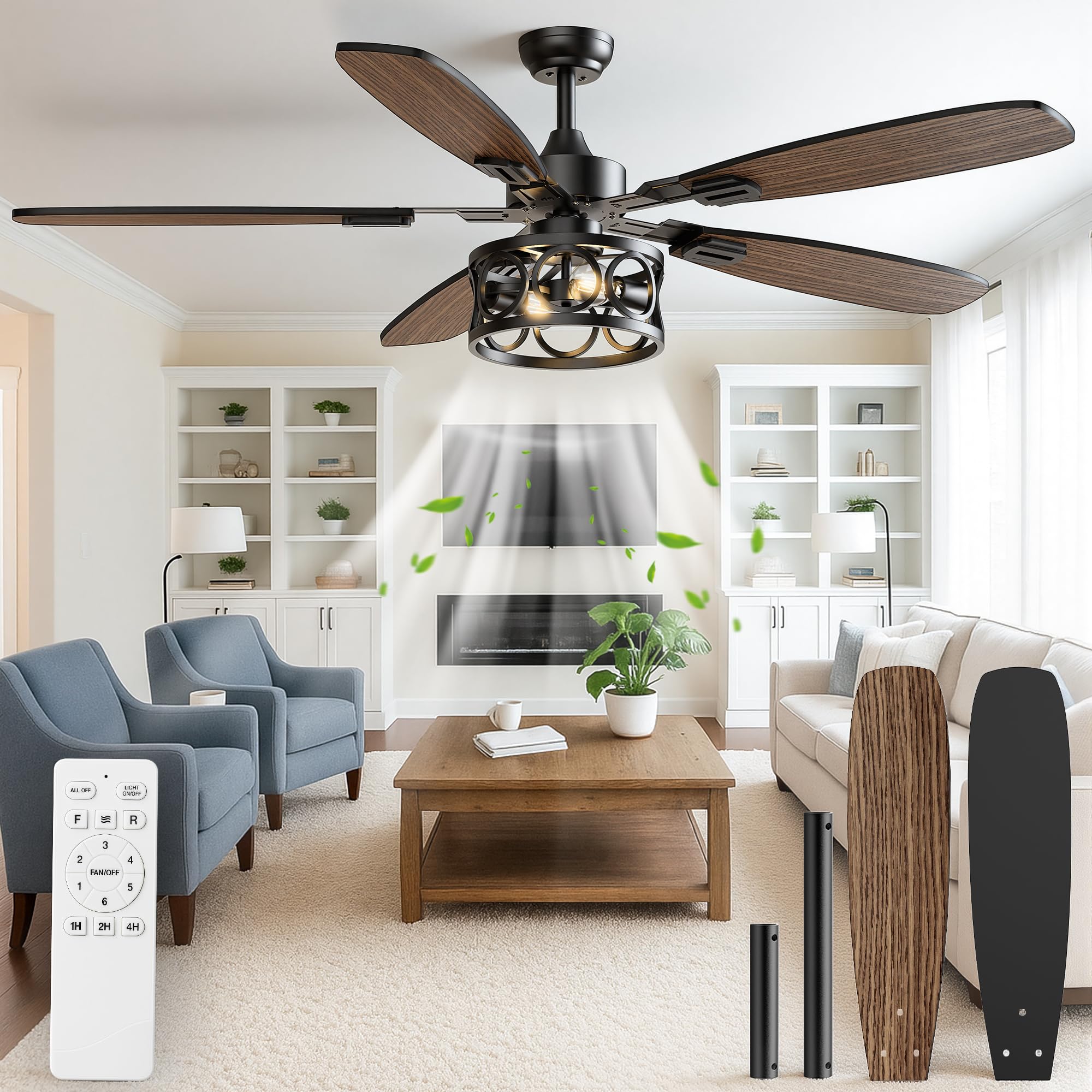 Ceiling Fans with Lights and Remote, 52 Vintage Caged Ceiling Fan with Light, 5 Blades, 6+1 Speed, Flush Mount Ceiling Fan Whi