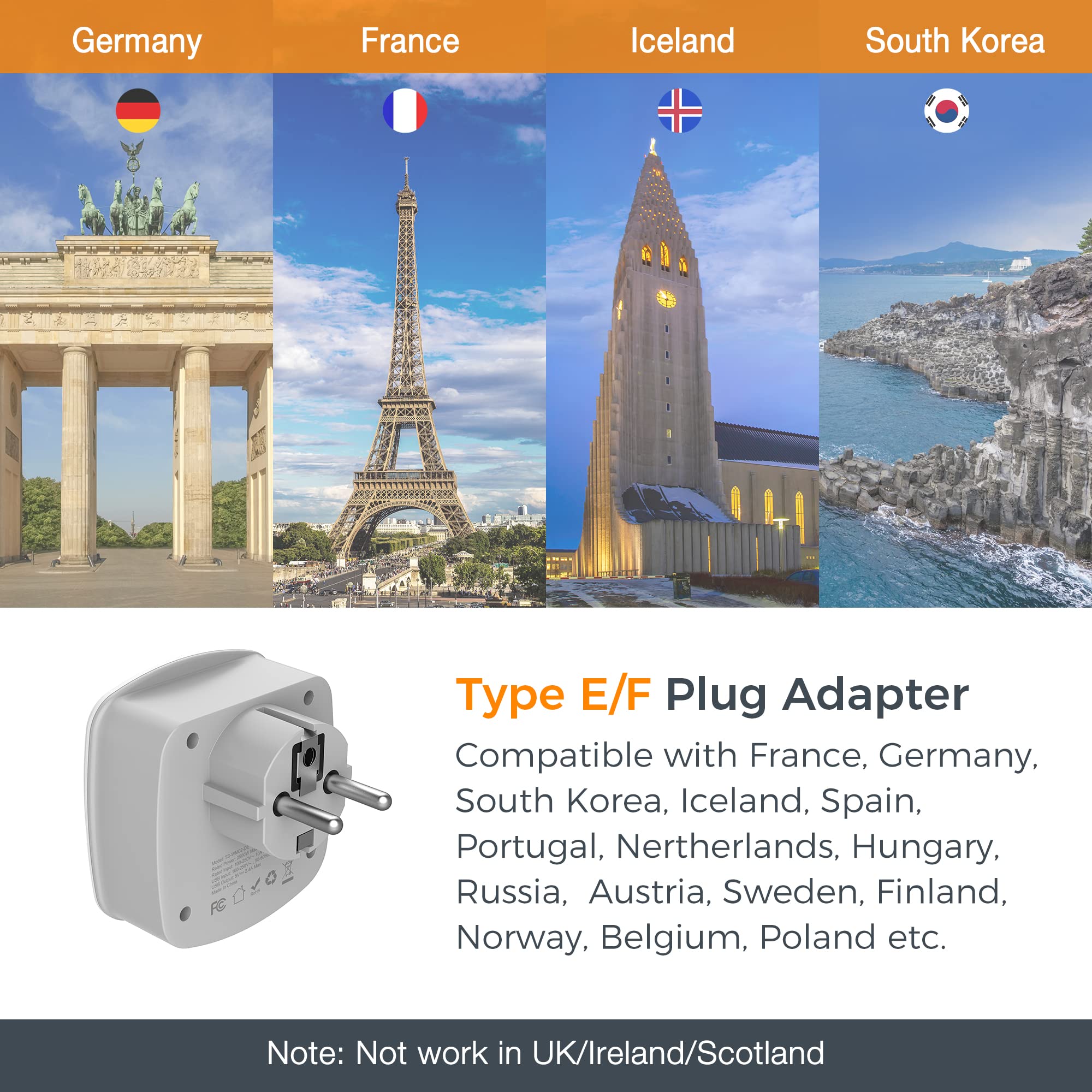 Tessan Germany France Power Adapter, Type E F Plug Adaptor With 2 Usb Ports 2 Ac Outlets, Travel Converter Us To European Europe