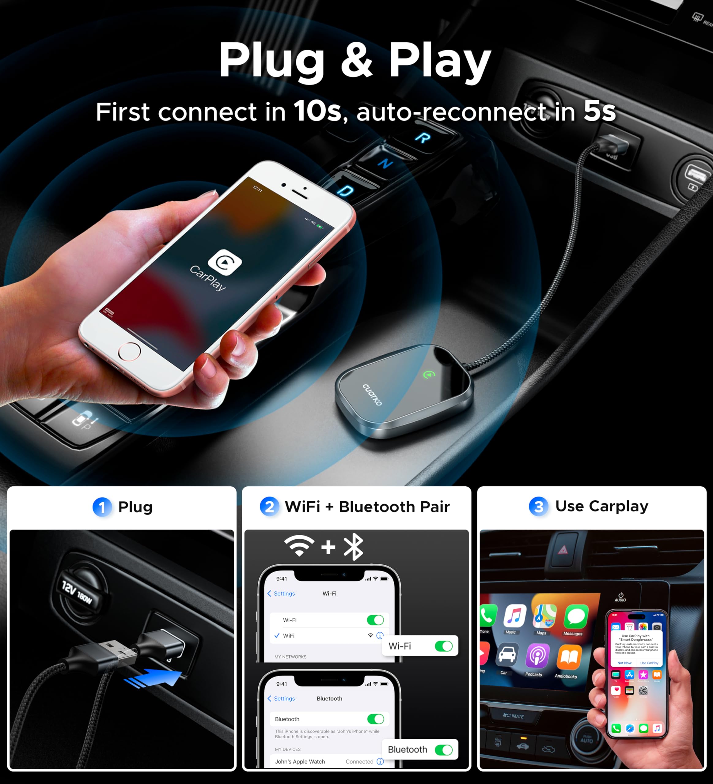 Wireless Carplay Adapter   Fast Converts Wired Car Play To Wireless Via Usb, Latencyfree With Original Control, Fit For Apple Ip