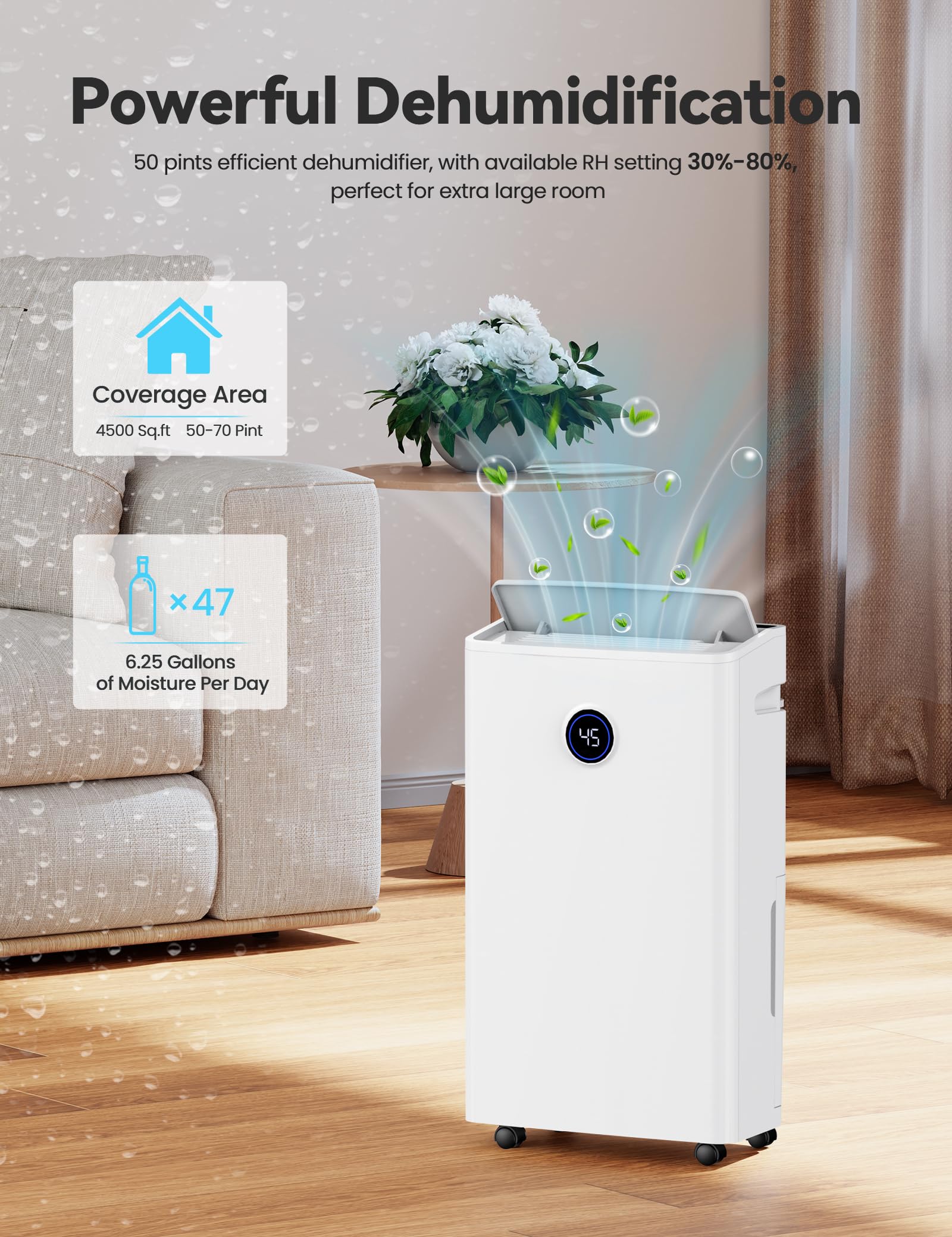 4500 Sq. Ft Dehumidifier For Basement, 50 70 Pints Large Dehumidifiers For Home With Drain Hose And 5L Water Tank, Moisture Remo