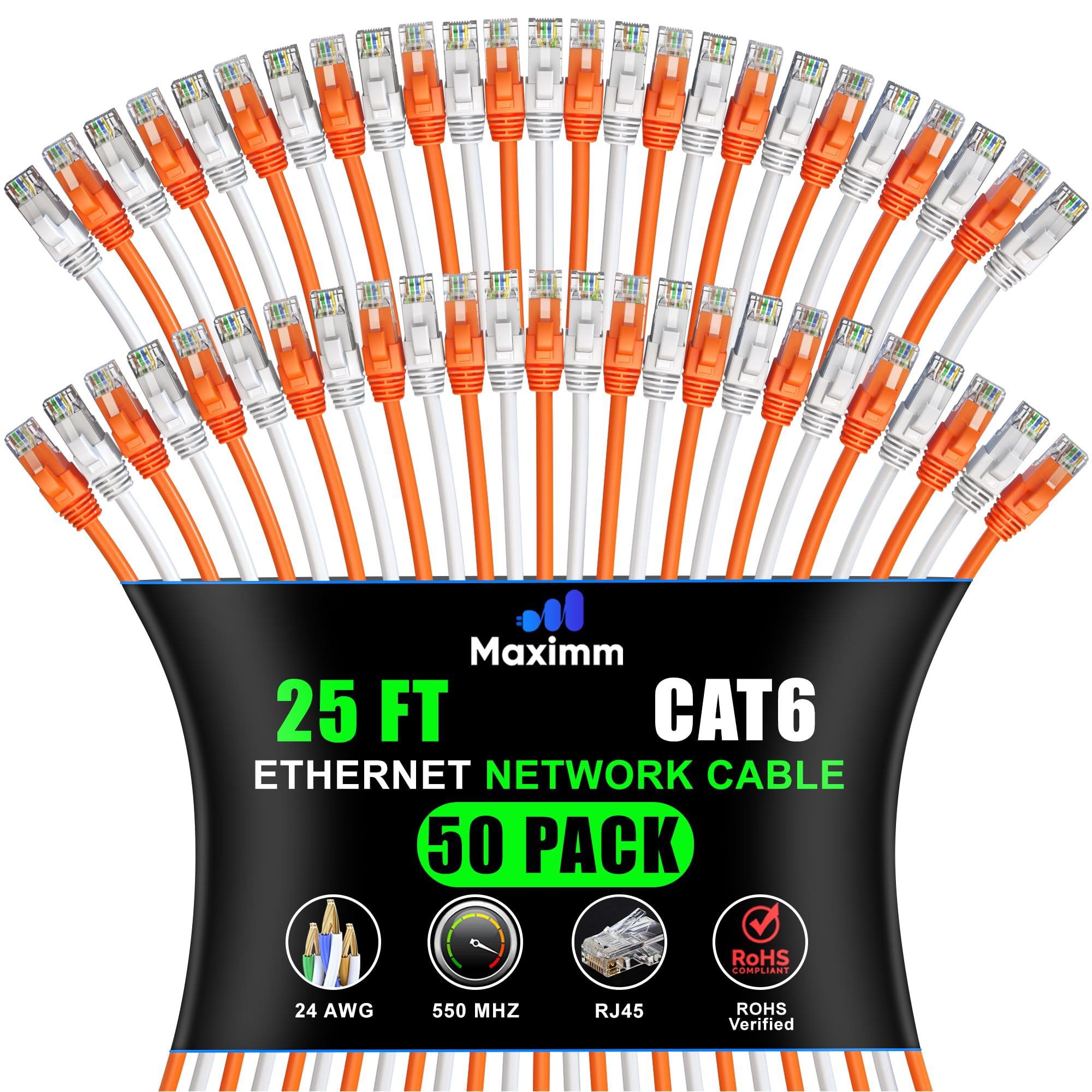 Maximm Cat 6 Ethernet Cable 25 ft (50-Pack) - High-Speed LAN, Internet, Patch & Network Cable - UTP, 10Gbps, 550MHz Ethernet Cor