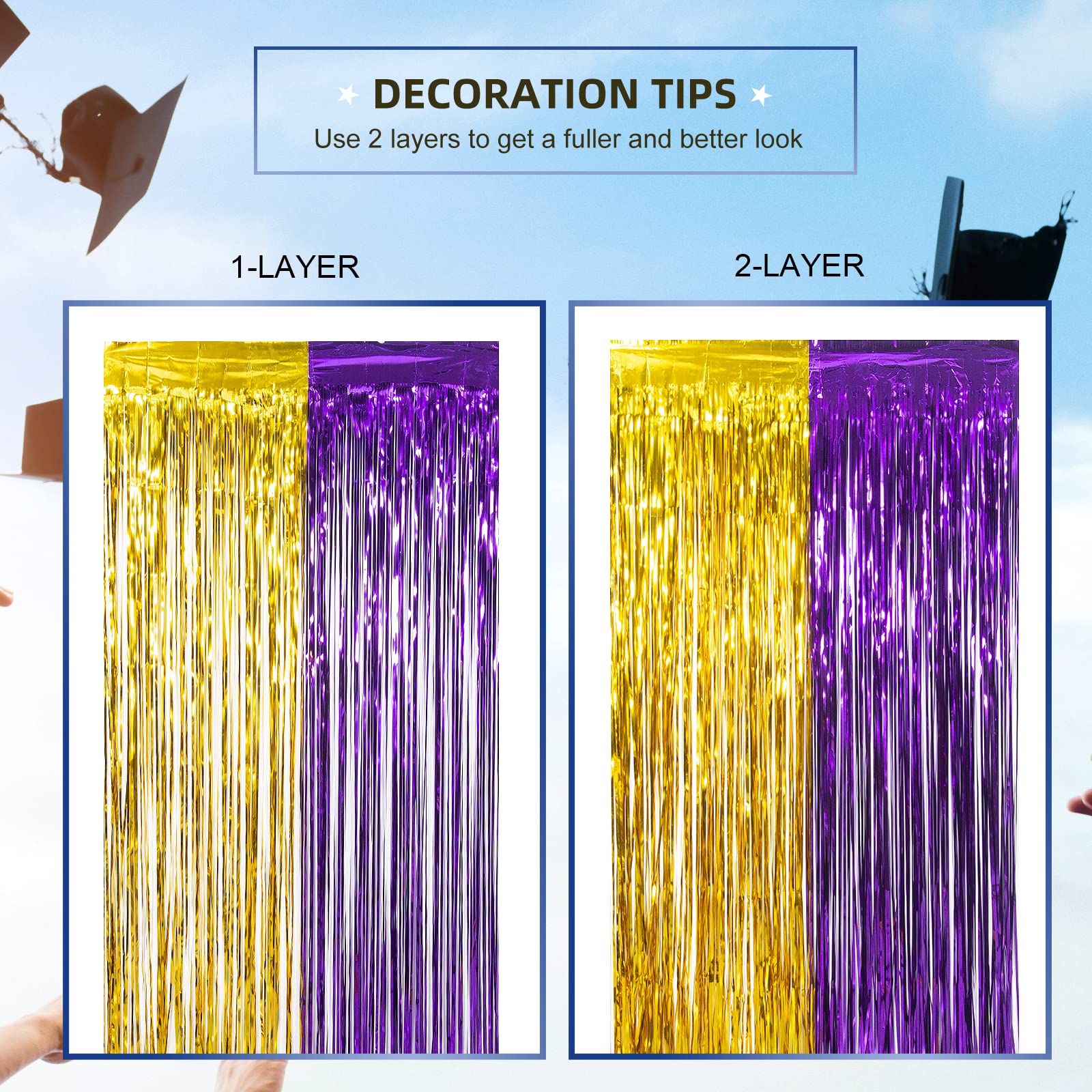 Lolstar 2 Pack Purple And Gold 2024 Graduation Party Decorations, 3.3X6.6 Ft Foil Fringe Curtain, Tinsel Graduation Photo Booth