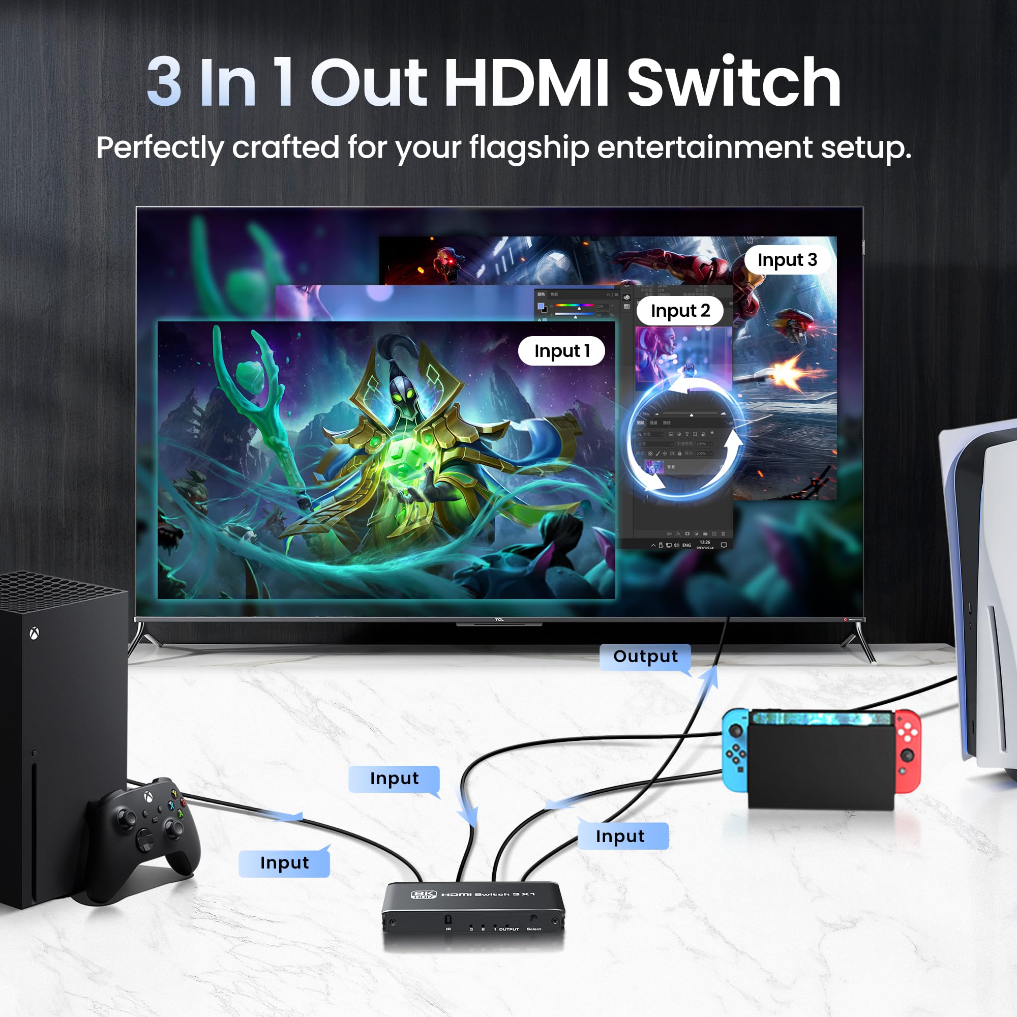 Newcare Hdmi Switch 3 In 1 Out 4K@60Hz, 3 Port Aluminum Hdmi Switch Box Support Auto Switching, Vrr Allm Hdr 3D Audio, Hdmi Splitter With Remote For Ps5/4, Xbox, Pc, Streaming Device
