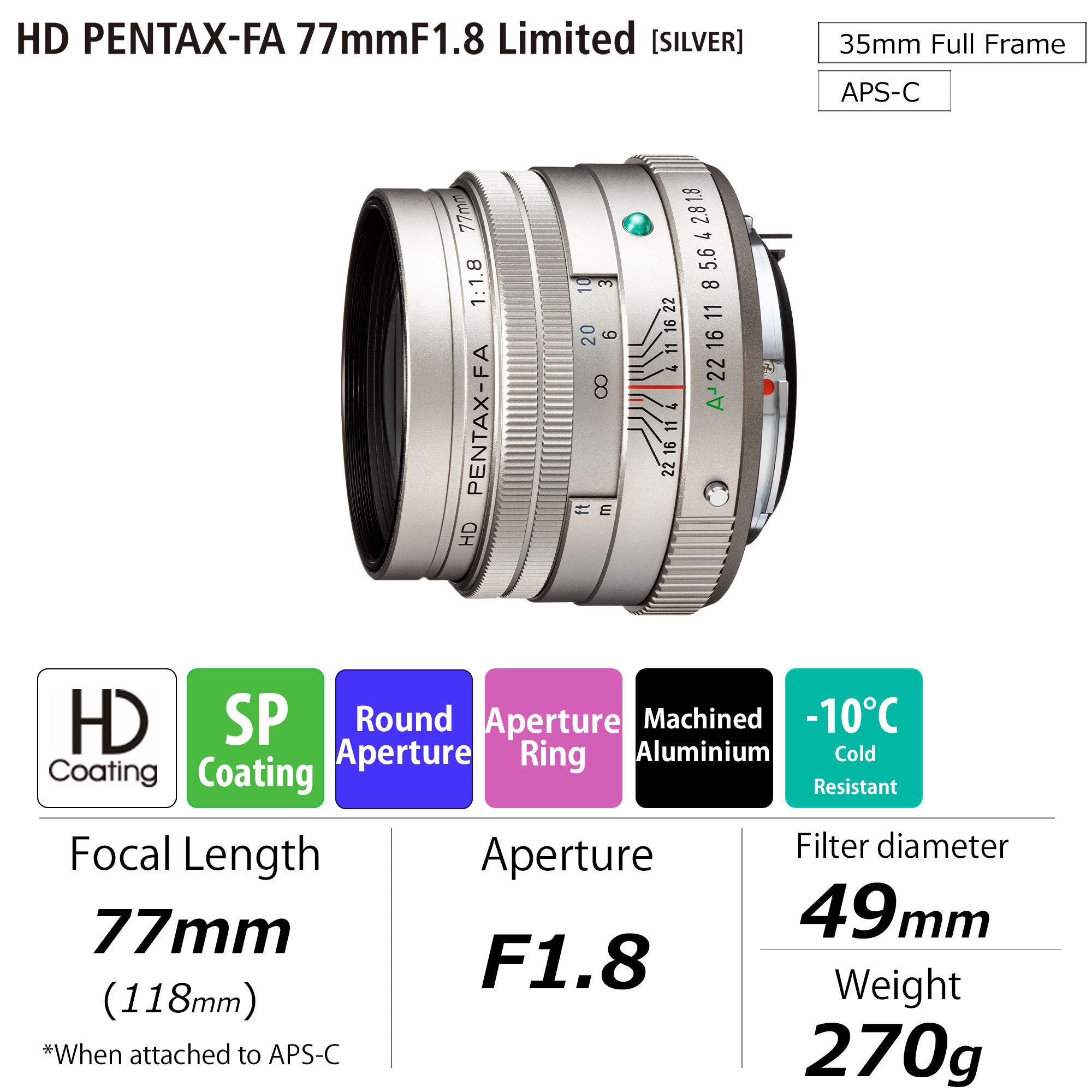 Pentax Hd 77Mmf1.8 Limited Silver Limited Medium Telephoto Prime Lens, High-Performance Hd Coating, Round Diaphragm (27890)