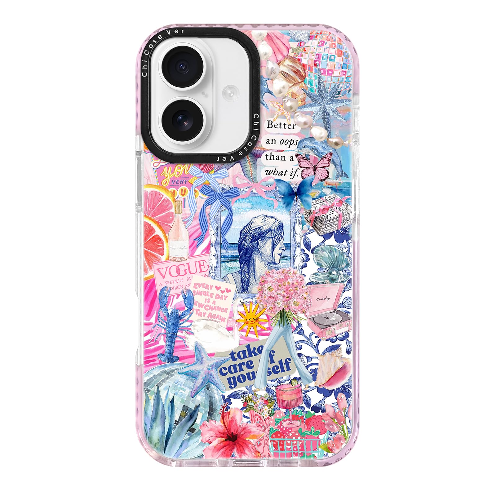 ChiCaseVer for iPhone 17 Case, Coastal Collage Pattern with Romantic Quote, Blue Soft Slim TPU Compatible with MagSafe & Militar