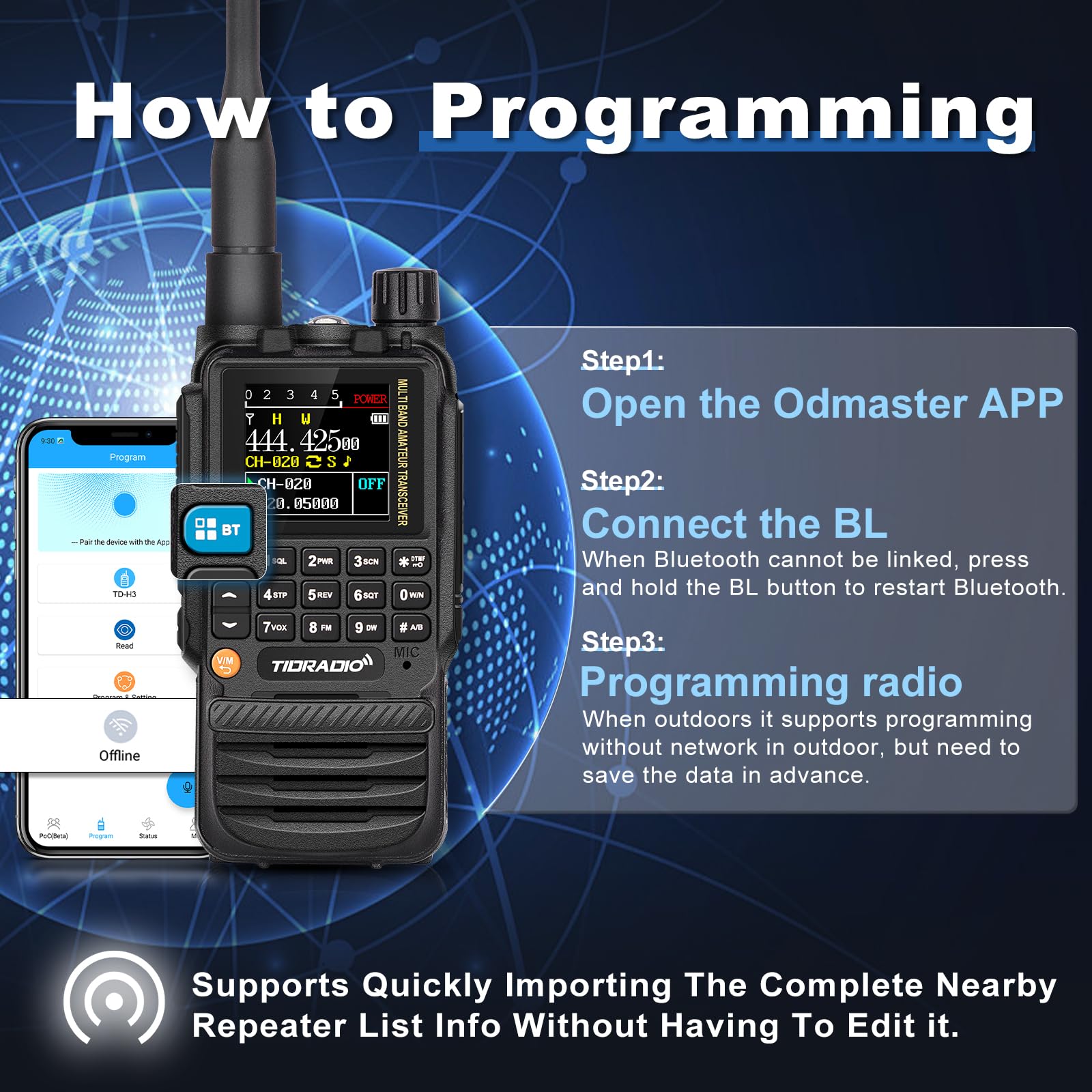 Tidradio Td H3 Ham Radio Type C & Wireless Programming(4Pcs Batteries),8 Band Long Range Walkie Walkies Rechargeable Handheld Po