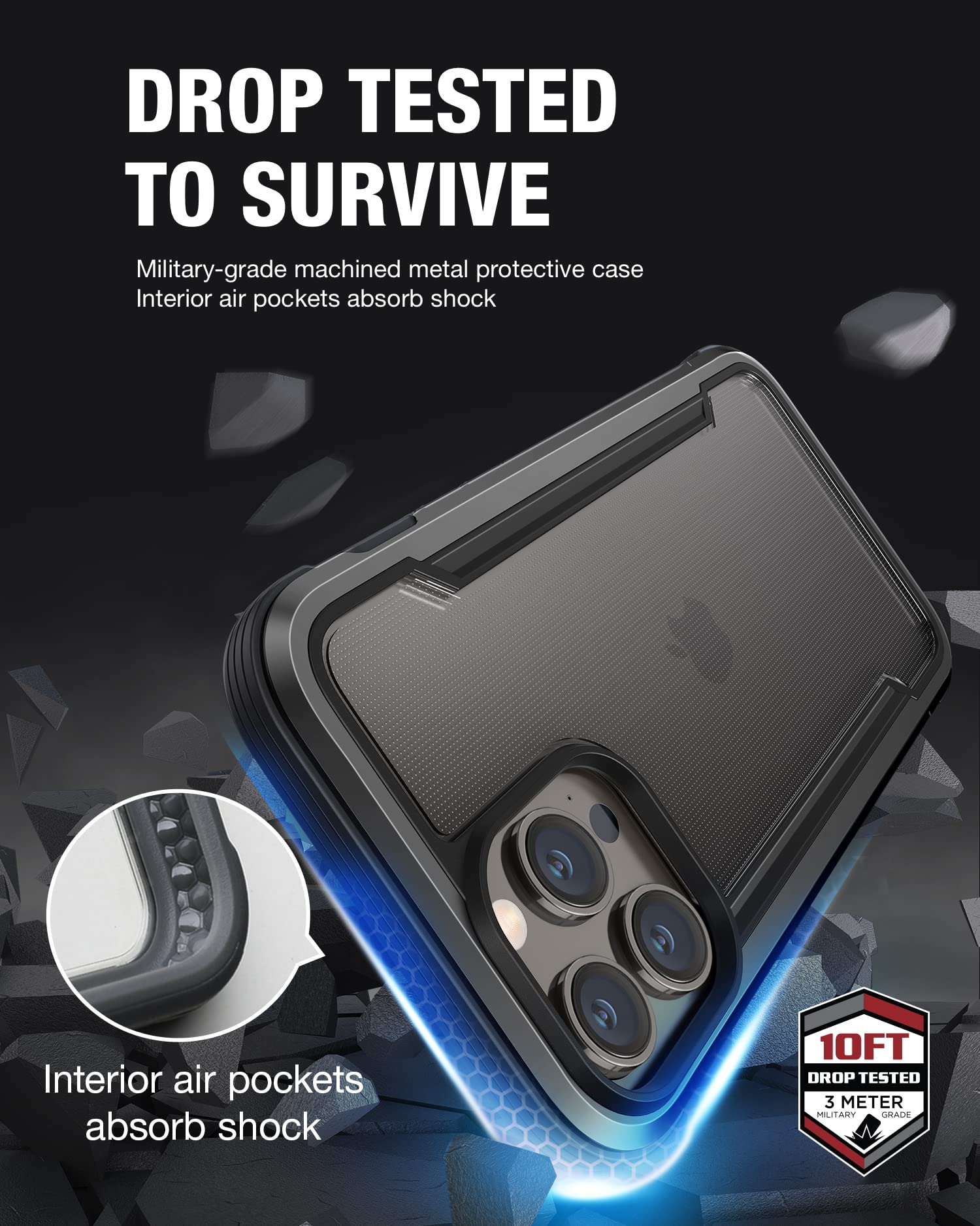 Raptic Shield For Iphone 14 Pro Max Case, Shockproof Protective Clear Case, Military Grade 10Ft Drop Tested, Durable Aluminum Fr