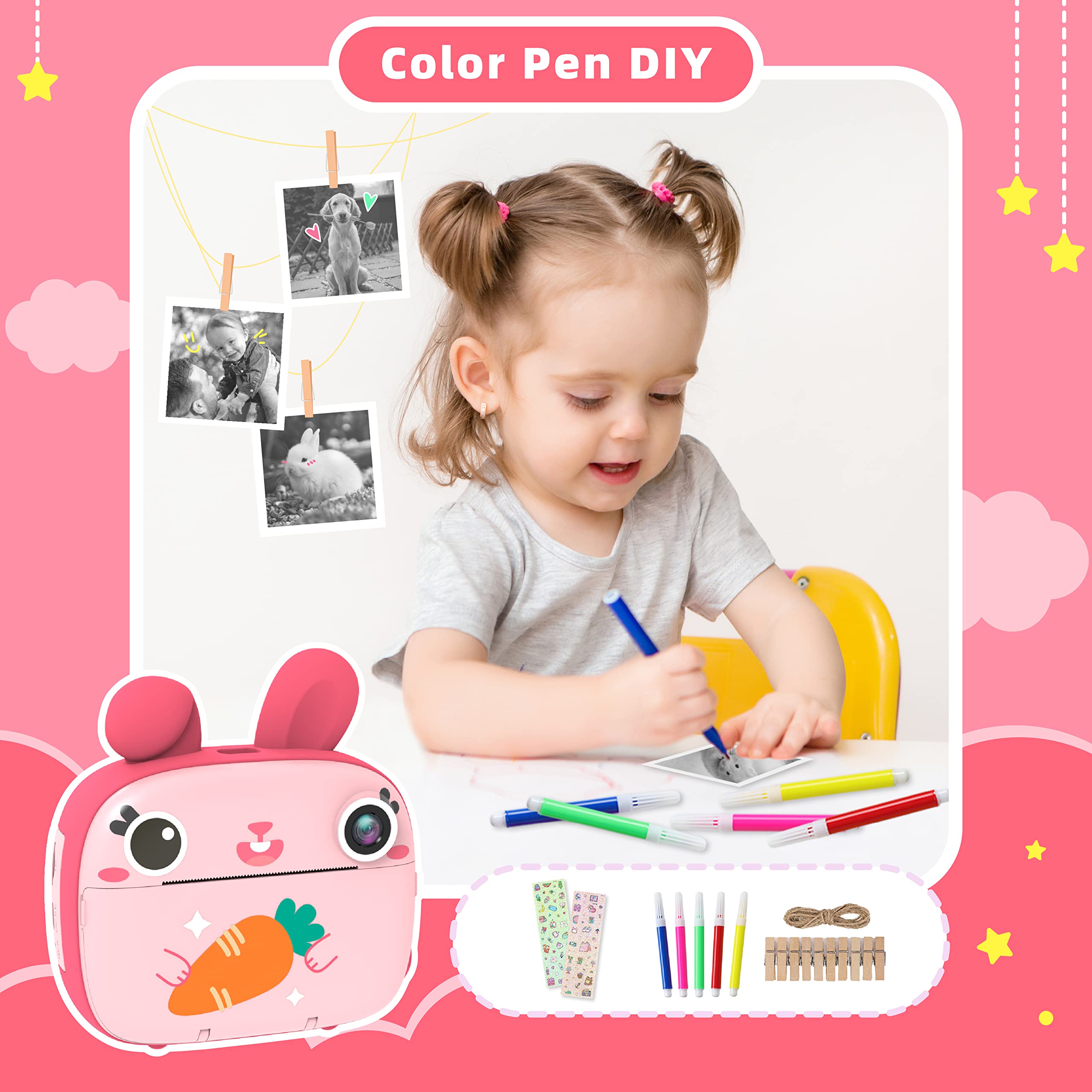 Camclid Instant Camera For Kids, 2.5K Kids Camera Instant Print With No Ink Print Paper & 32G Card,Selfie Digital Camera & 1080P