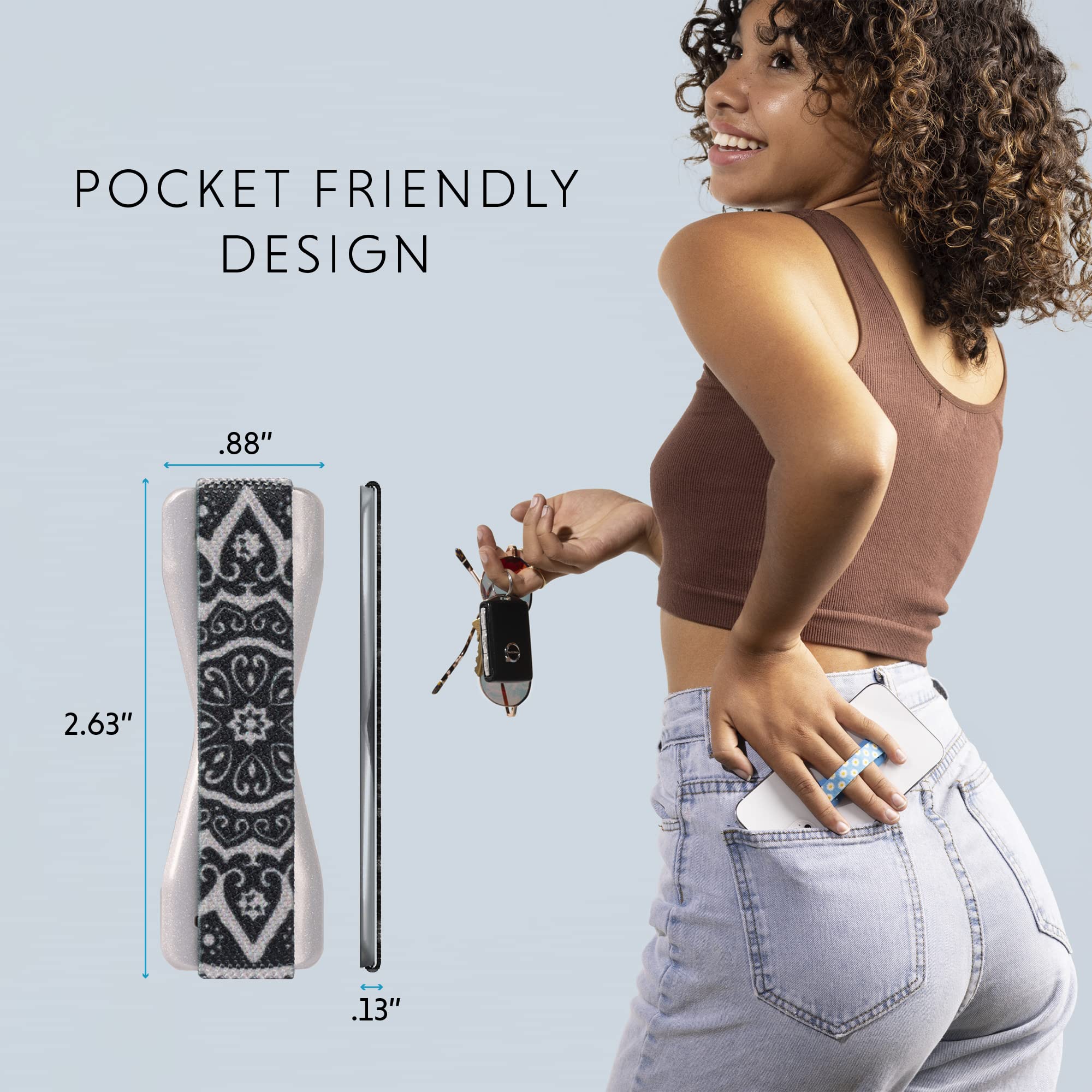 Lovehandle Phone Grip For Most Smartphones And Mini Tablets, Boho Silver Colored Elastic Strap With Silver Base, Lh 01 Bohosilver