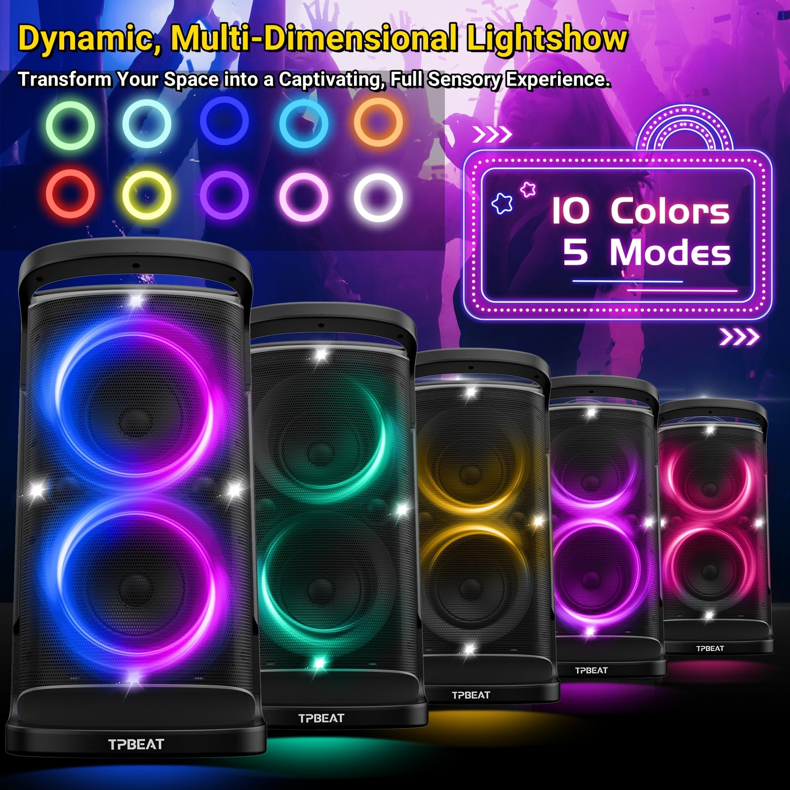 Tpbeat Portable Bluetooth Party Speaker: 160W Peak Powerful Loud Sound Deep Bass Wireless Boombox Large Subwoofer 15 Hours Batte