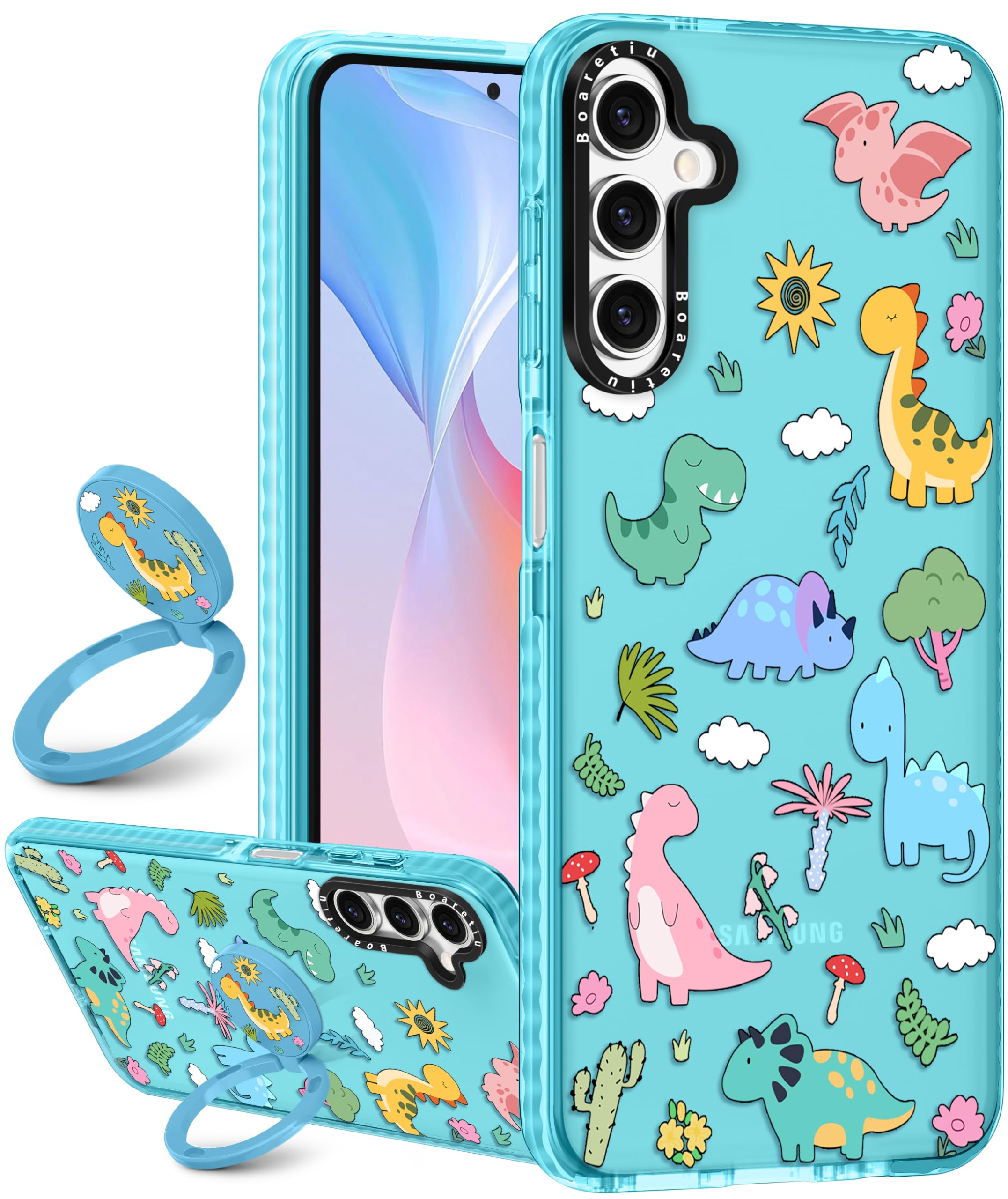 Boaretiu Cute Kawaii for Samsung Galaxy S25 Case with Stand - Fashion Cool 360 Rotate Ring Holder Kickstand Dinosaur for Women G