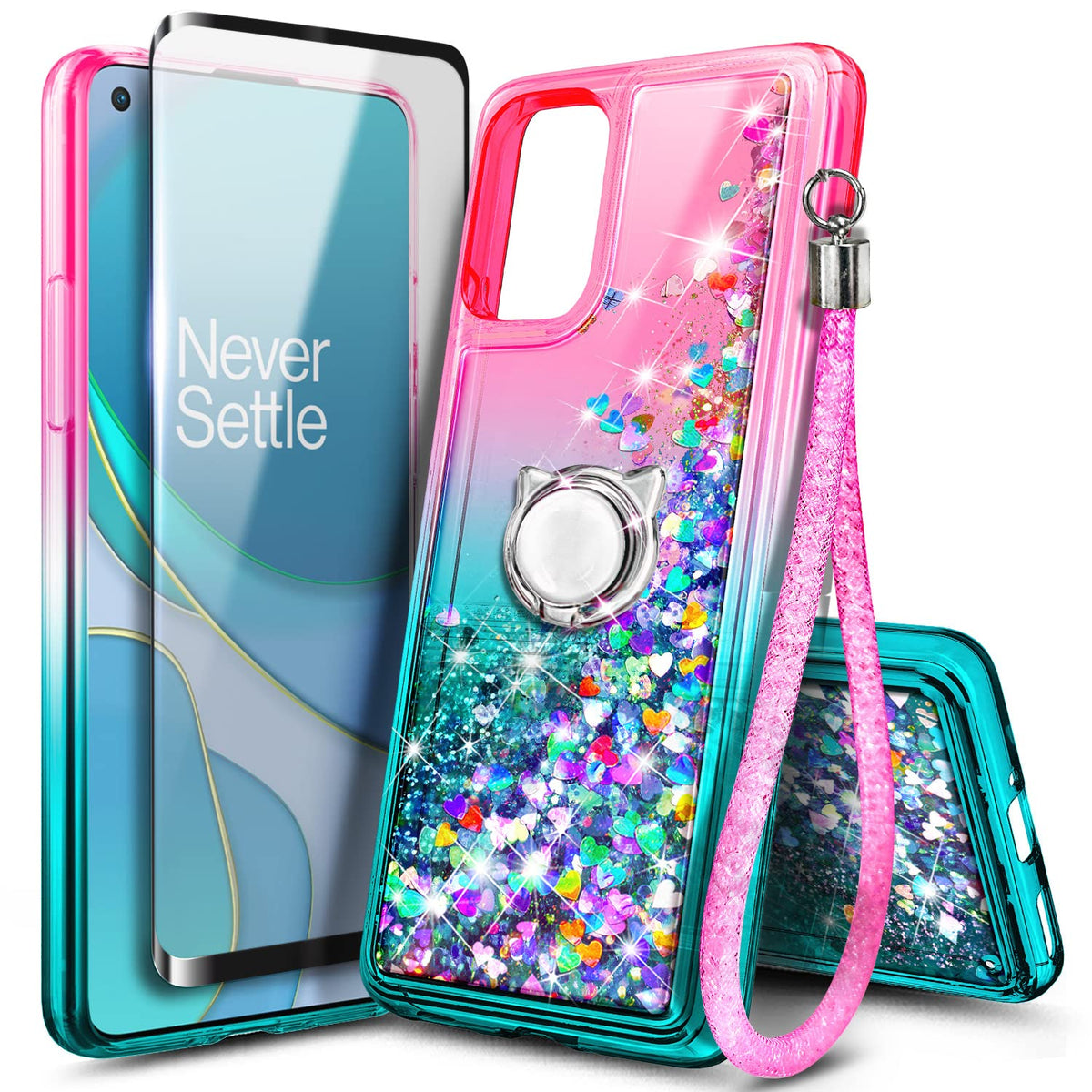 Nznd Oneplus Nord N200 5G Case With Tempered Glass Screen Protector (Maximum Coverage), Ring Holder/Wrist Strap, Sparkle Glitter
