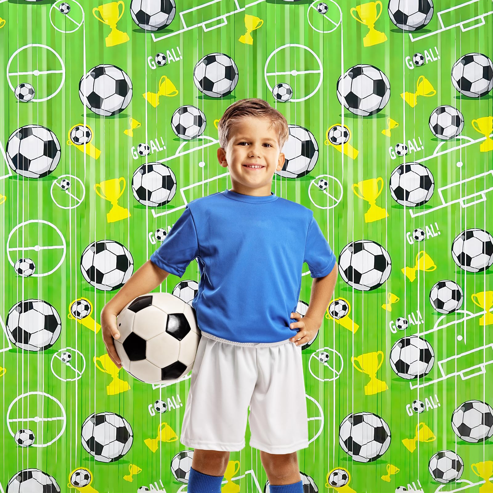 3 Pack Soccer Birthday Party Decorations With 2Pcs Green Metallic Tinsel Foil Fringe Curtains And 1Pcs Birthday Banner For Photo