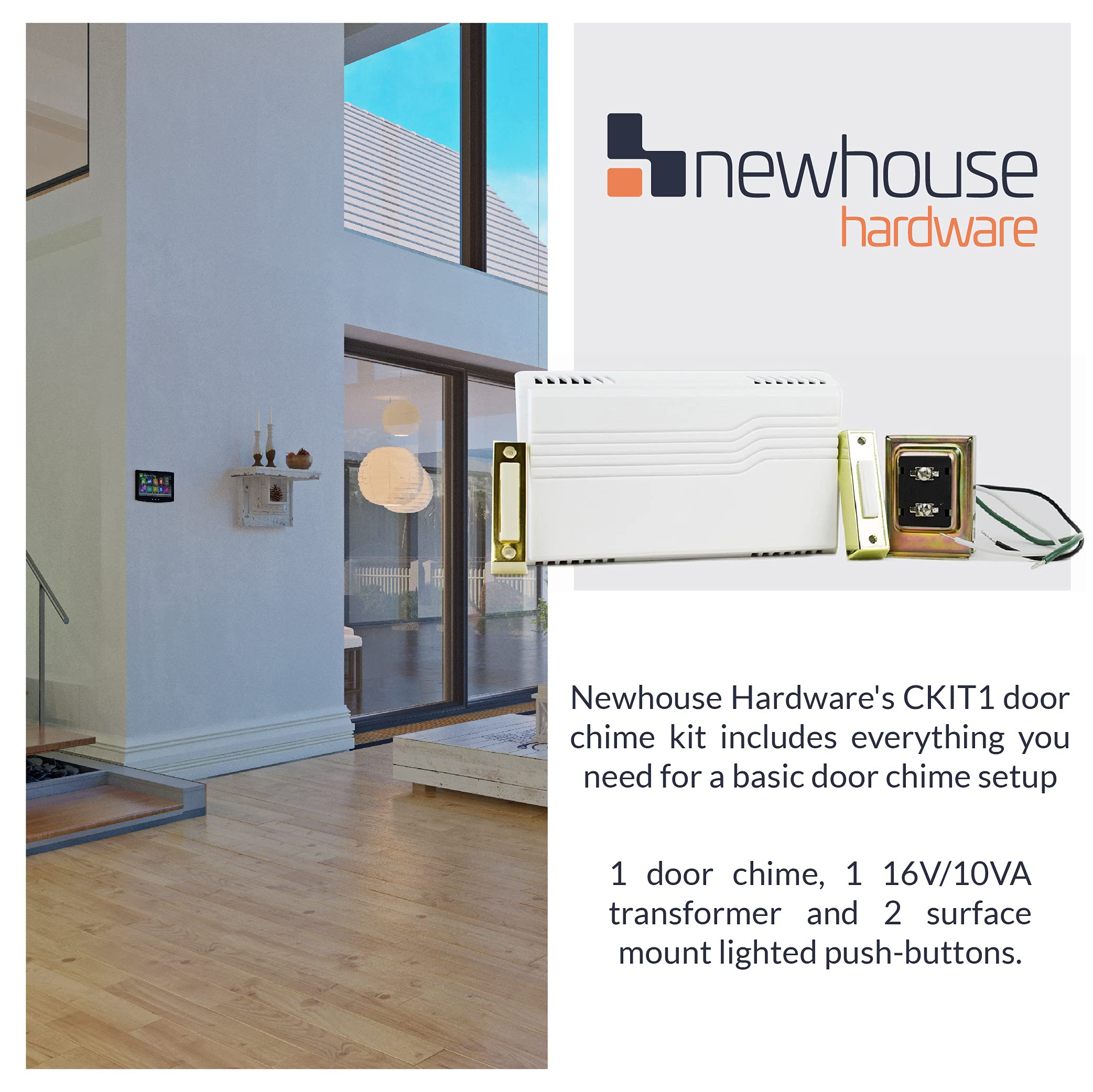 Newhouse Hardware Two Note Wired Door Bell Chime Kit W/Transformer & Surface Mount Lighted Push Buttons, 16Vac/10 Va, White
