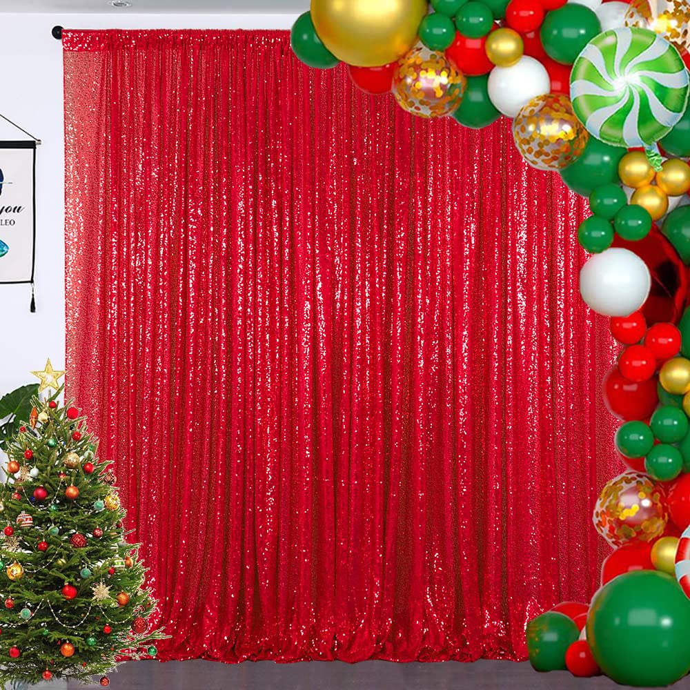 Partisout Sequin Curtain Backdrop 10Ftx10Ft Sequence Background Party Sparkle 120Inches Long Red Glitter Curtains 10Ft Wedding Photo Shimmer Fabric Backdrops