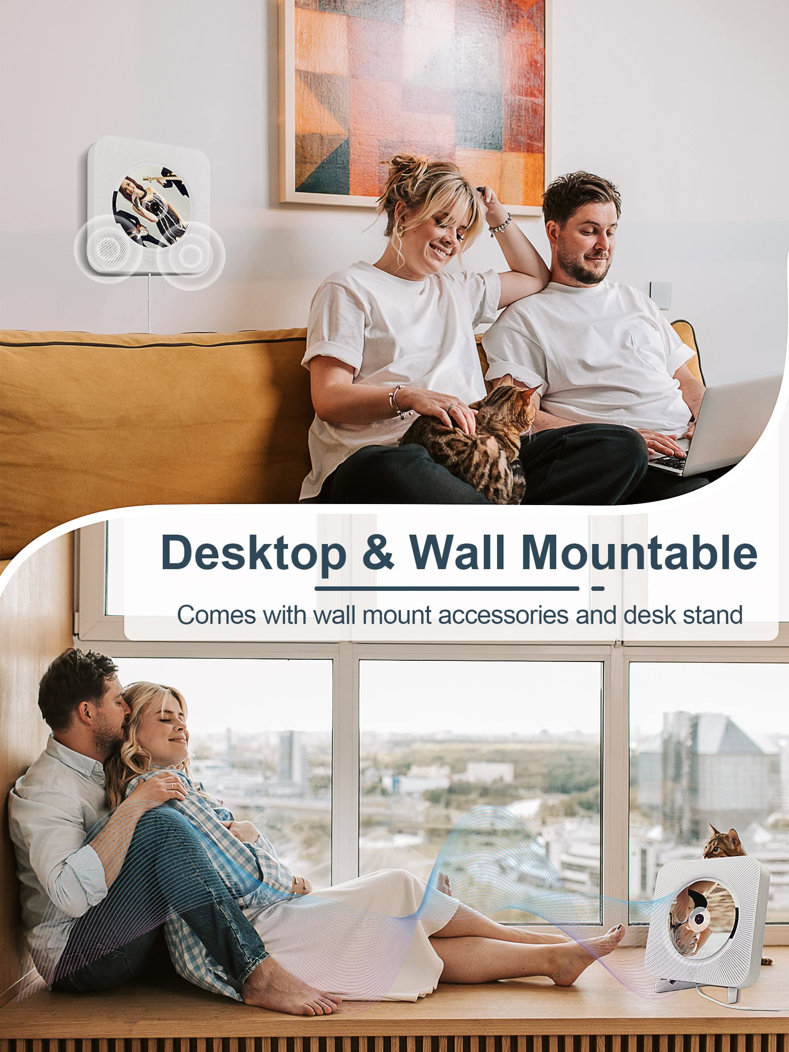 Portable Wall Mounted Cd Player With Bluetooth, Homlab Mountable Cd Music Player Built In Hifi Speakers, Home Audio Boombox With