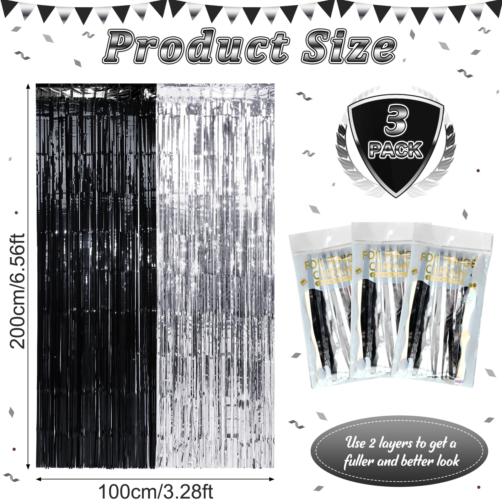 3 Pack 3.3Ft X 6.6Ft Graduation Foil Fringe Curtain Backdrop Decorations, Black Silver Metallic Tinsel Foil Streamers Curtain Ph