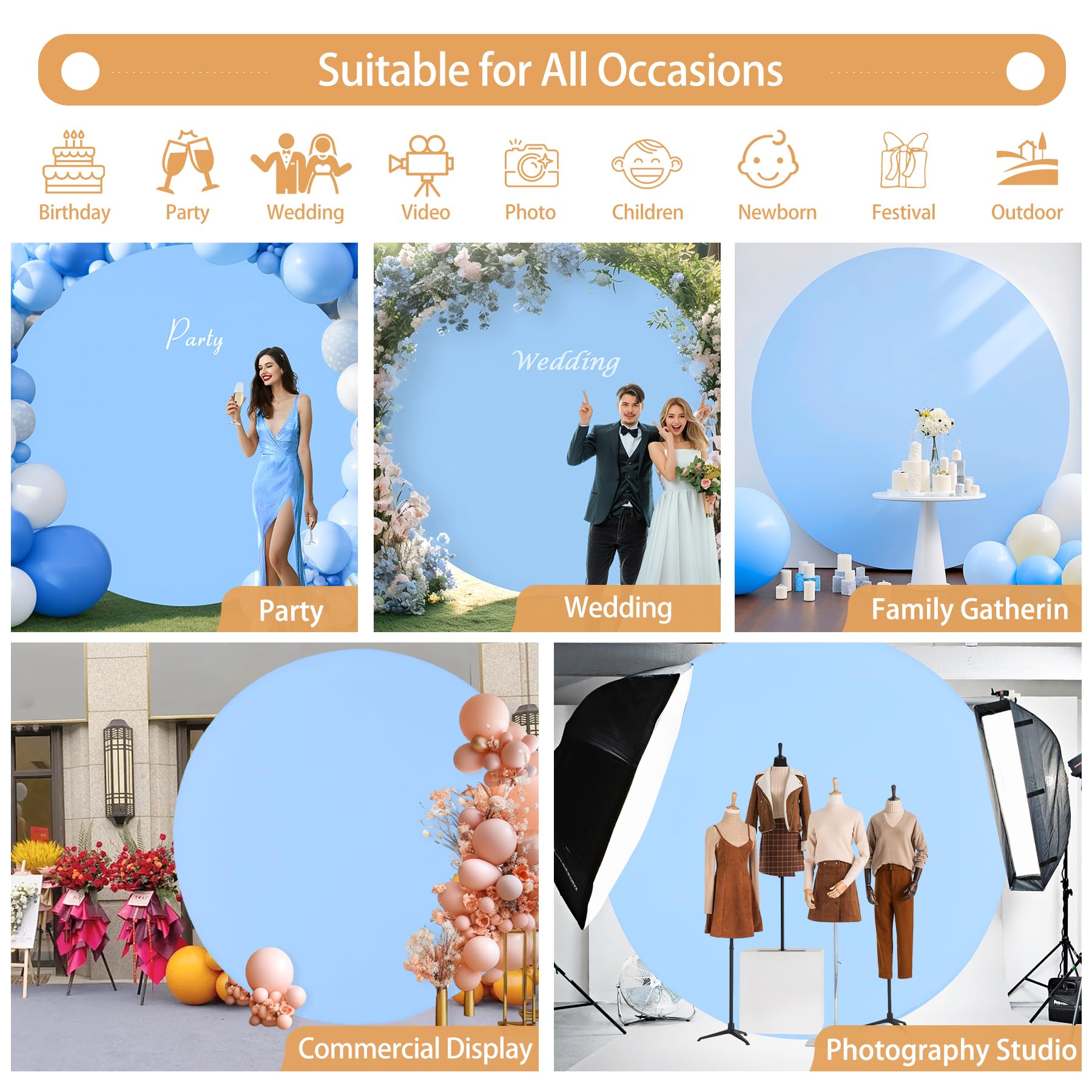 Gallety 7.2 Ft Baby Blue Round Backdrop Cover For 5 To 7.2Ft Round Backdrop Stand   Adjustable Circle Arch Backdrop Cover For We