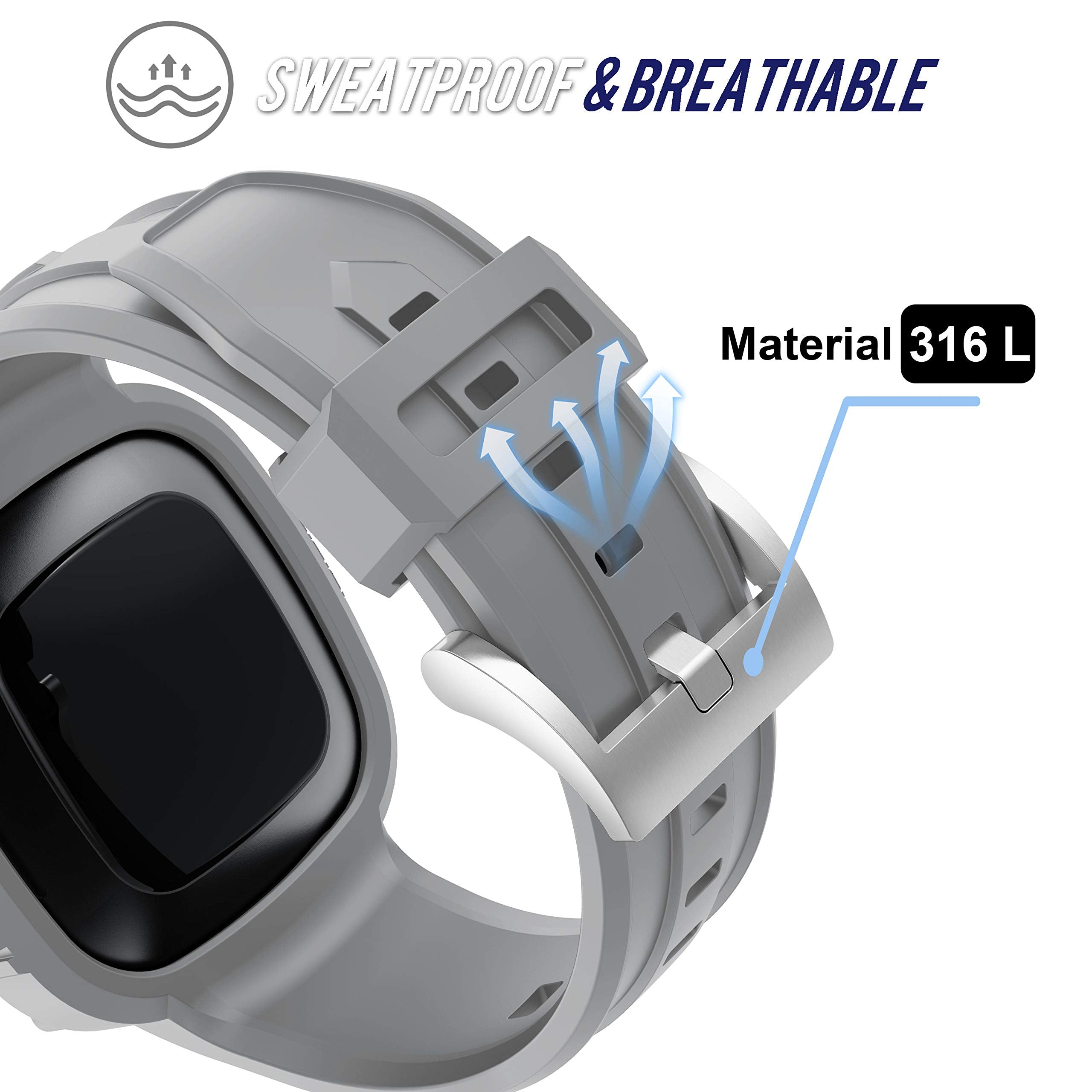 Gelishi Compatible For Fitbit Versa 3/Fitbit Sense Bands With Case, Men Tpu Sport Band Rugged Shockproof Protective Case Wristband For Fitbit Versa 3, Grey