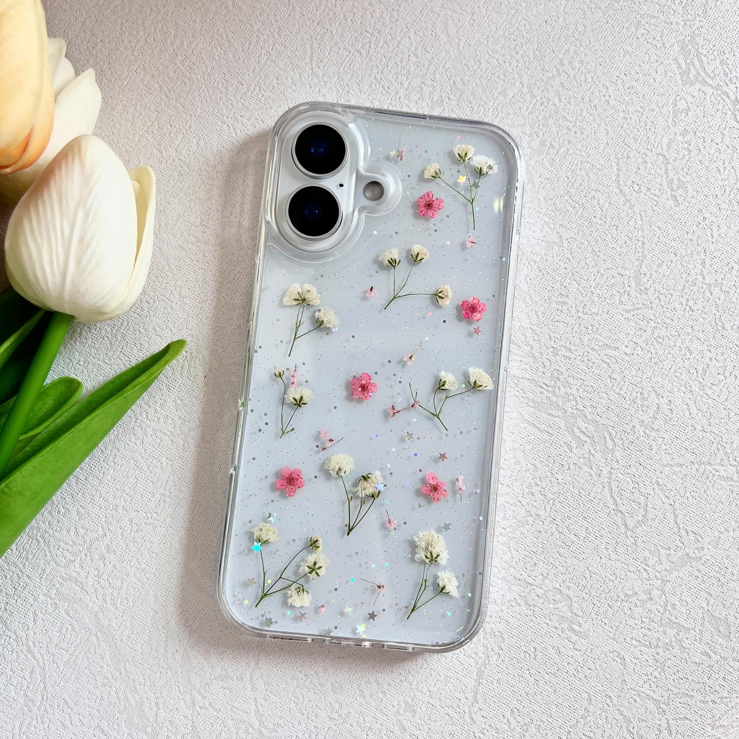 Lseeka For Iphone 16 Plus Clear Case With Pressed Real Flowers Design,Glitter Cute Pink Floral Pattern Slim Soft Tpu Protective