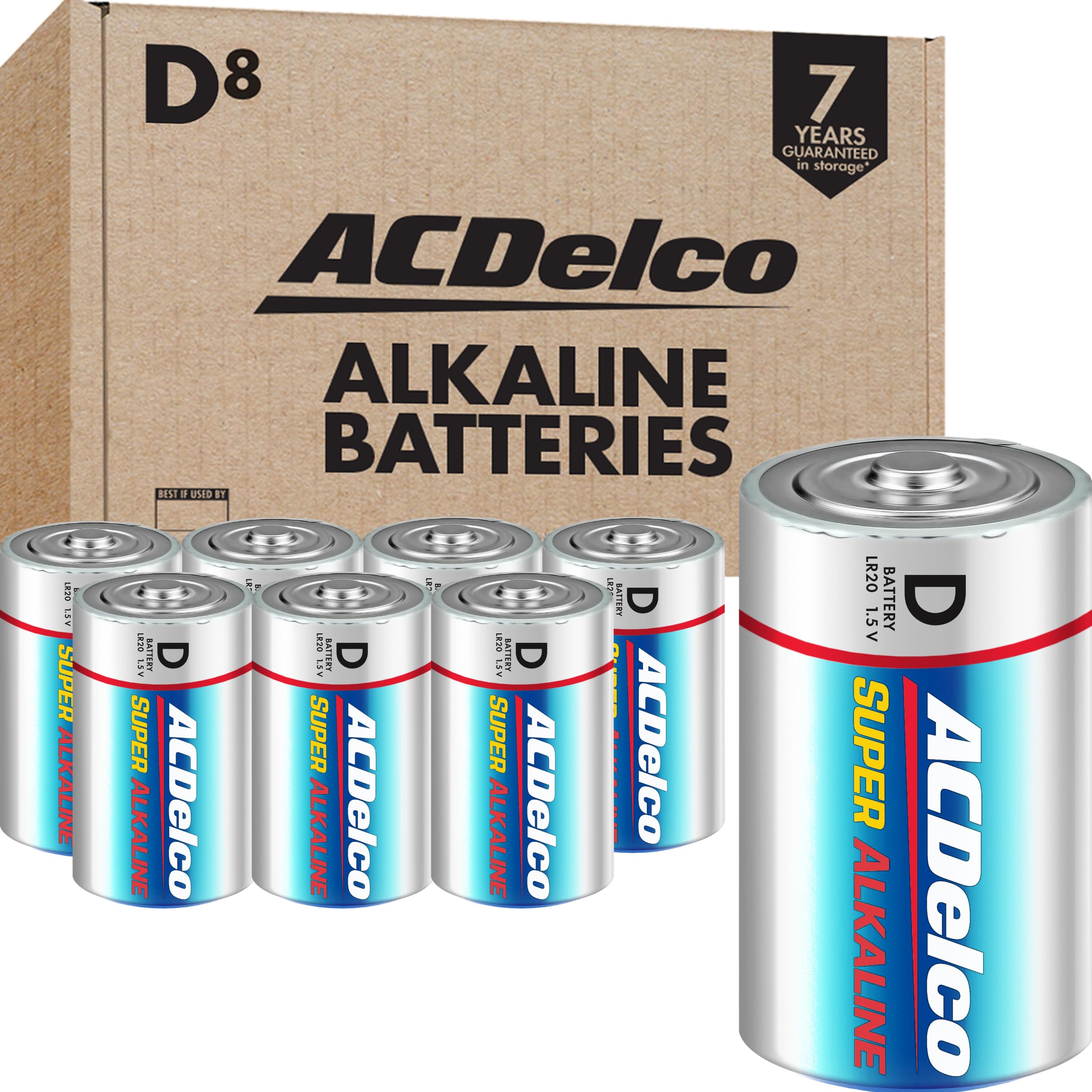 Acdelco 8 Count D Batteries, Maximum Power Super Alkaline Battery, 7 Year Shelf Life, Recloseable Packaging