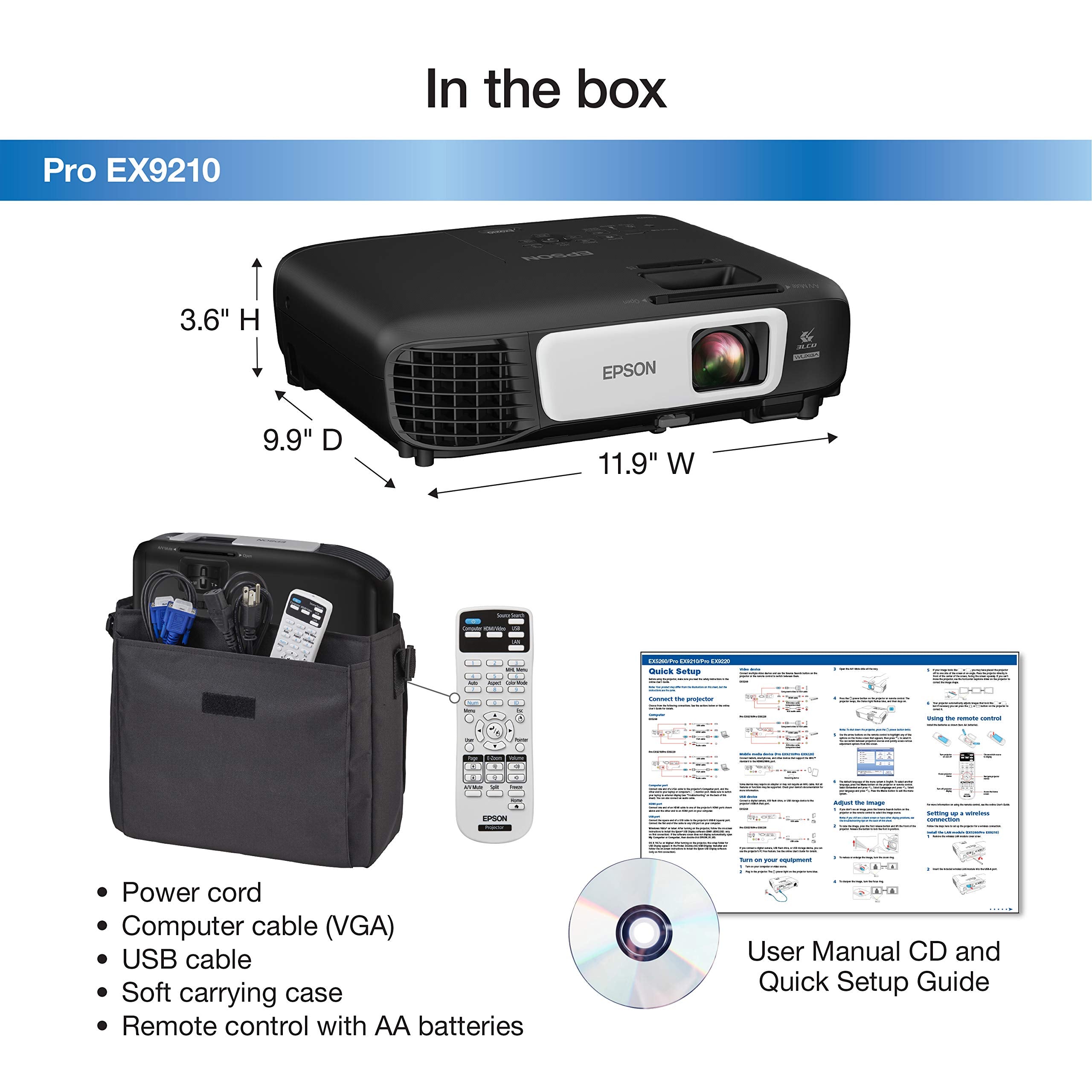 Epson Pro EX9210 WUXGA 3LCD Projector, 3400 Lumens, Wireless HDMI, Black
