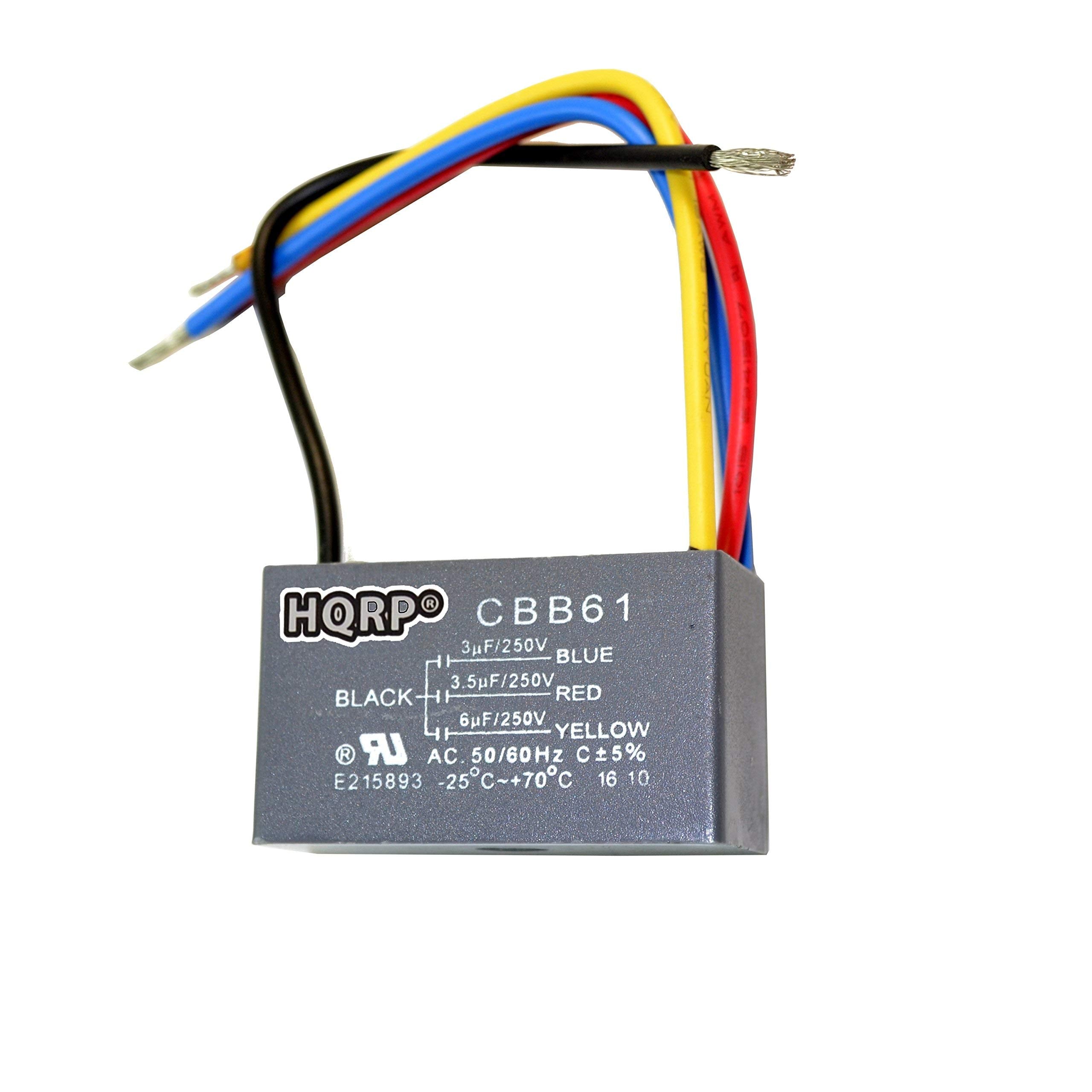 Hqrp Kit Ceiling Fan Capacitor Cbb61 3Uf+3.5Uf+6Uf 4 Wire Ul Listed And 3 Speed Fan Switch