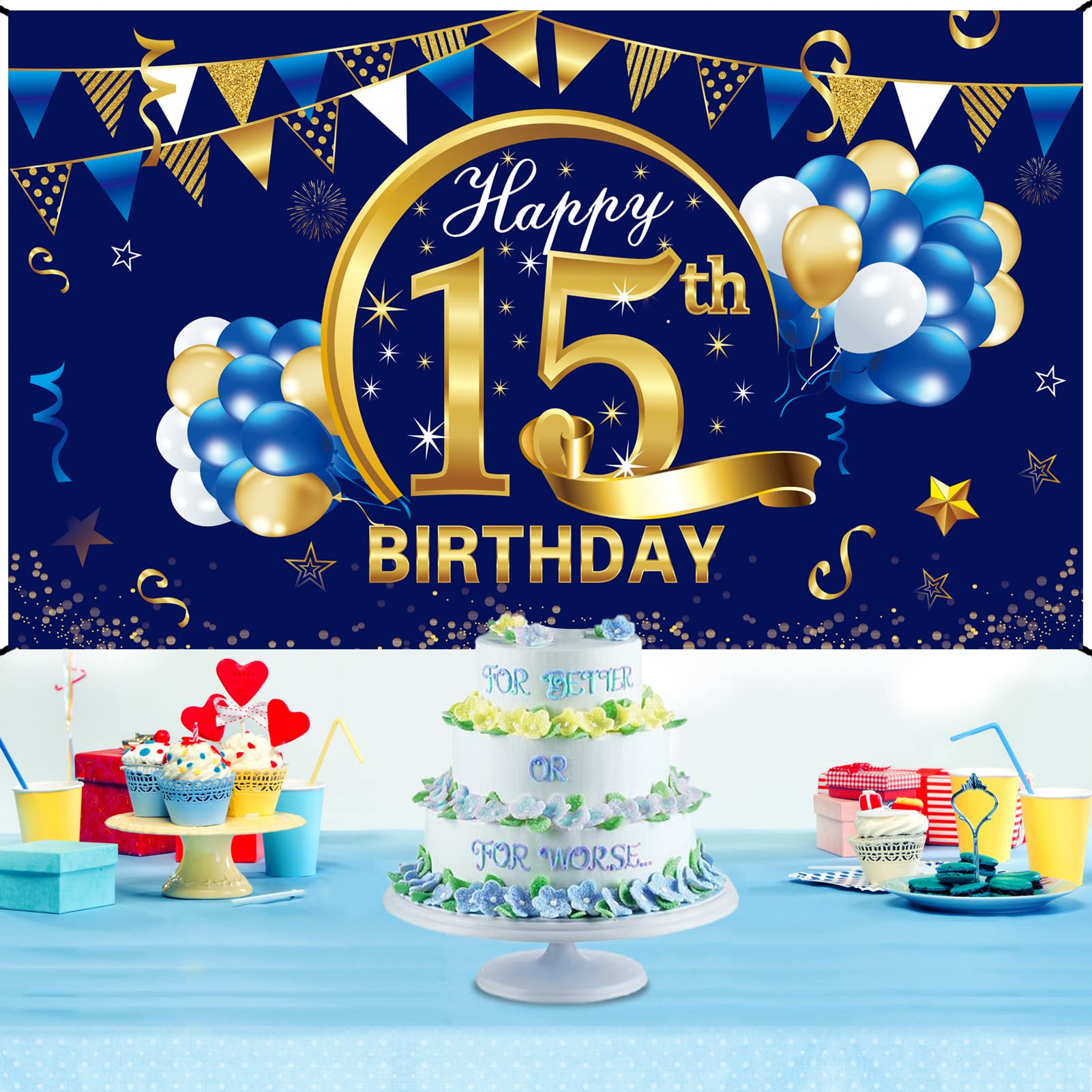 Happy 15Th Birthday Banner Decorations For Boy   Blue Gold 15 Birthday Backdrop Party Supplies   15 Year Old Birthday Photo Back