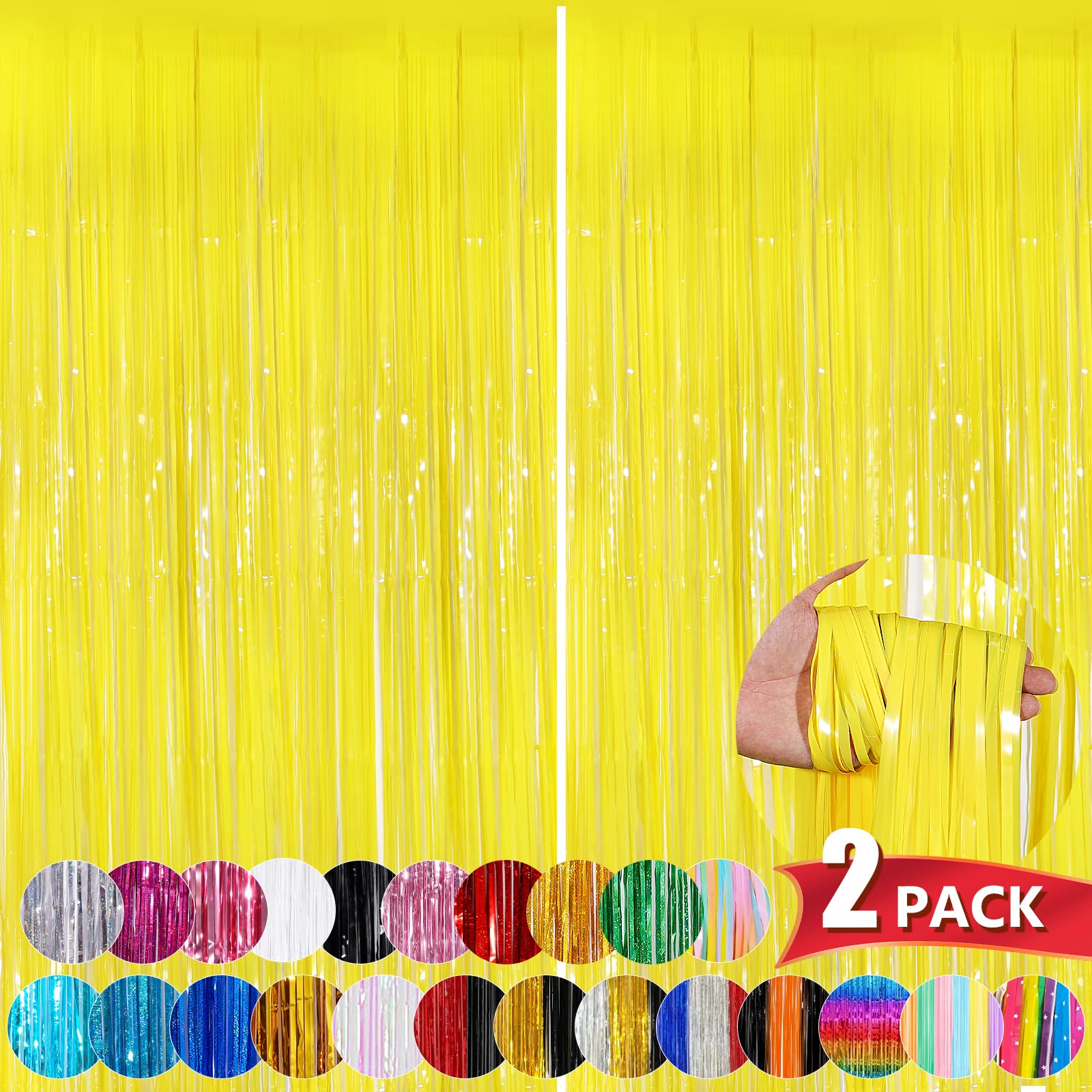 Macaron Yellow Metallic Tinsel Foil Fringe Curtains, 2 Pack 3.3X8.3 Feet Party Streamer For Birthday Party Decorations, Hallowee